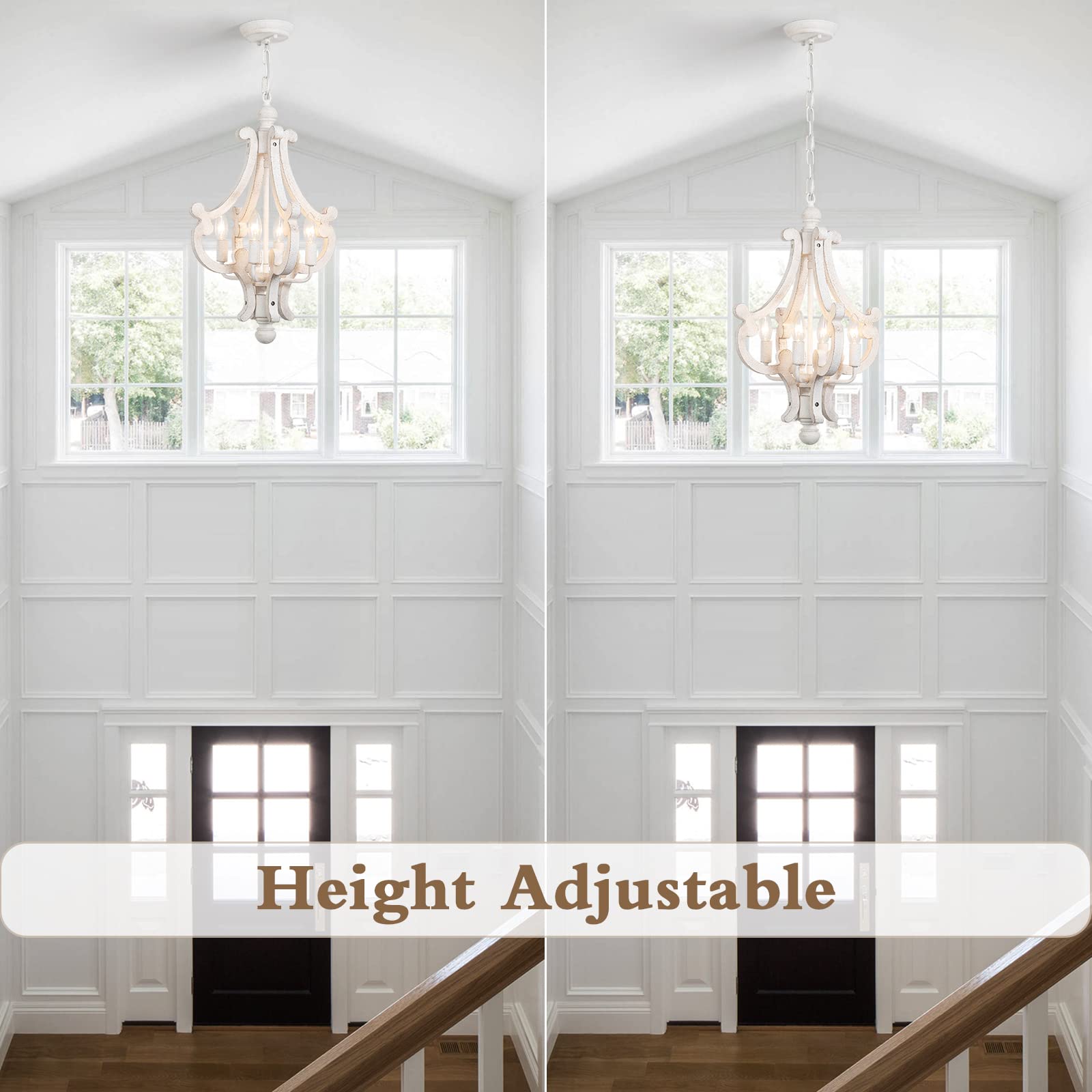 Alisadaboy Farmhouse Rustic Wood Light Fixture Distressed White Dining Room Pendant Chandelier French Country 4 Light Candle Han
