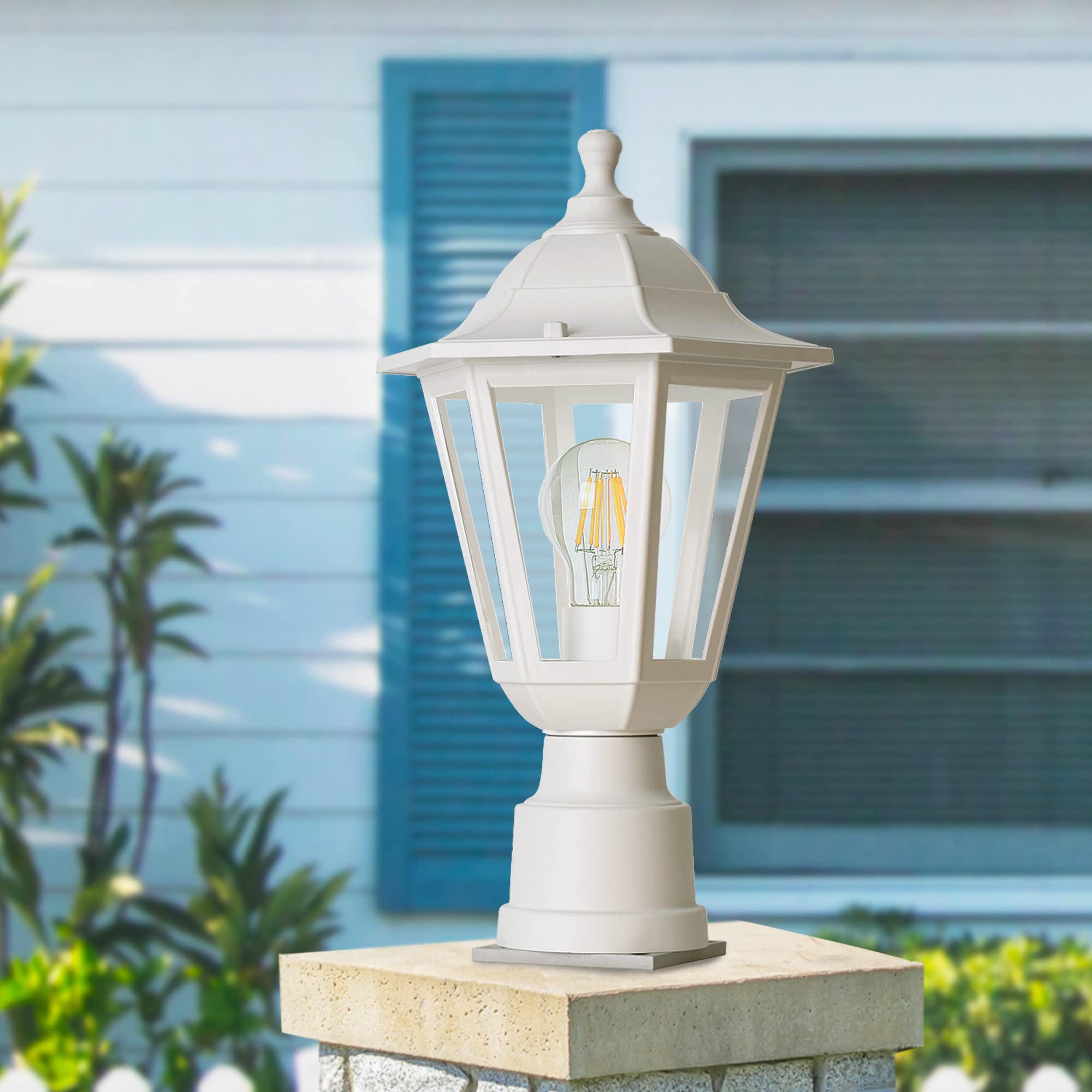 FUDESY Outdoor Post Light Fixture, Waterproof Plastic Lamp with E26 Socket, Model FDS6163W1, White, Pier Mount Base for Garden and Patio