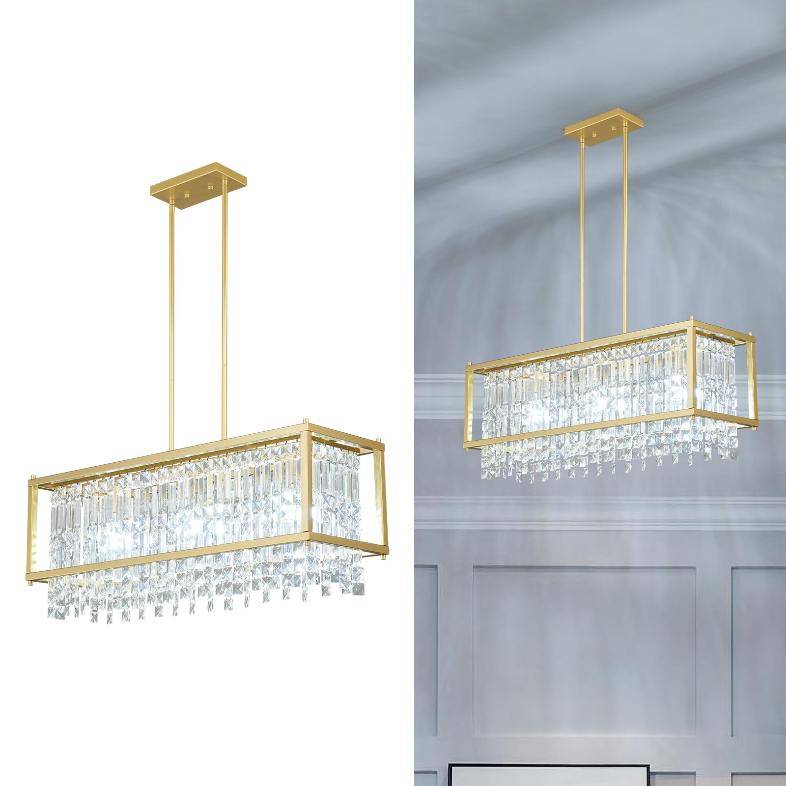 LMQNINE Modern Rectangle Chandelier for Dining Room, Gold Crystal Chandelier Linear Light Fixture, Farmhouse Chandeliers for Kit