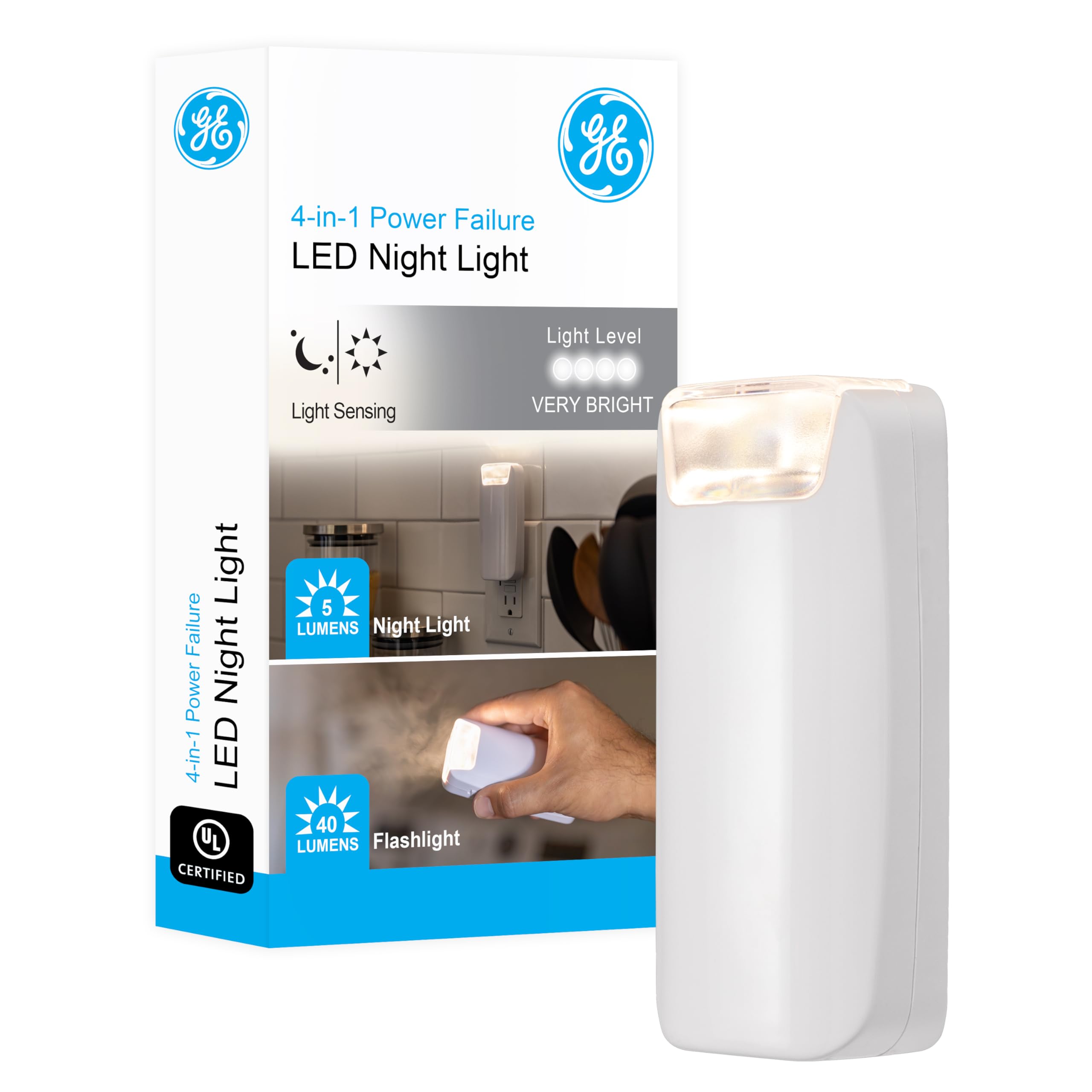 GE 4-in-1 Power Outage Night Light & Flashlight, Battery Operated, Dusk to Dawn Sensor, 1 Pack, White, Model 37373