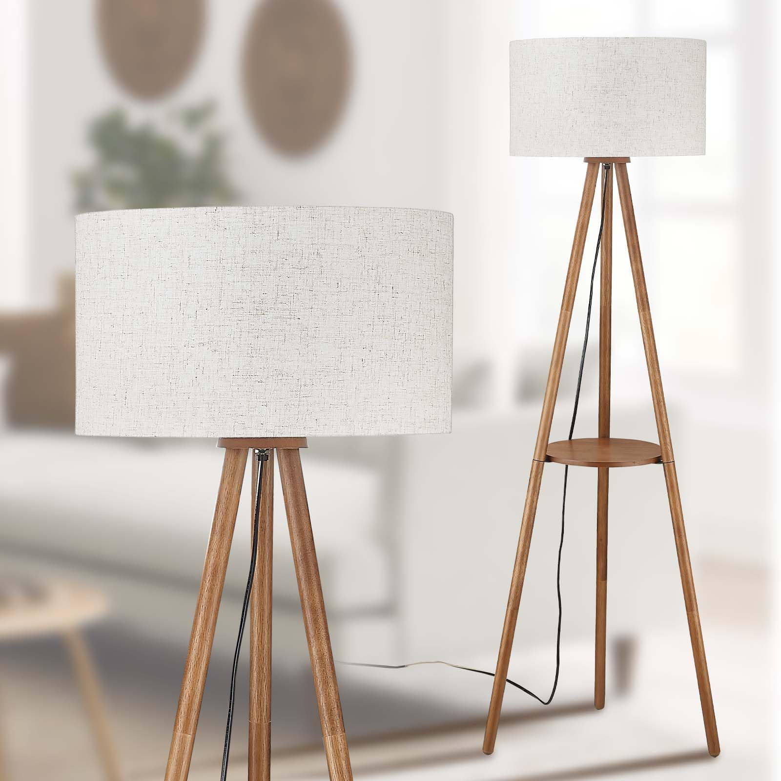 BTP Wood Tripod Floor Lamp, Farmhouse Shelf Wooden Standing light Drum Shade for Living Room, Bedroom, Office, Footswitch,ETL Li