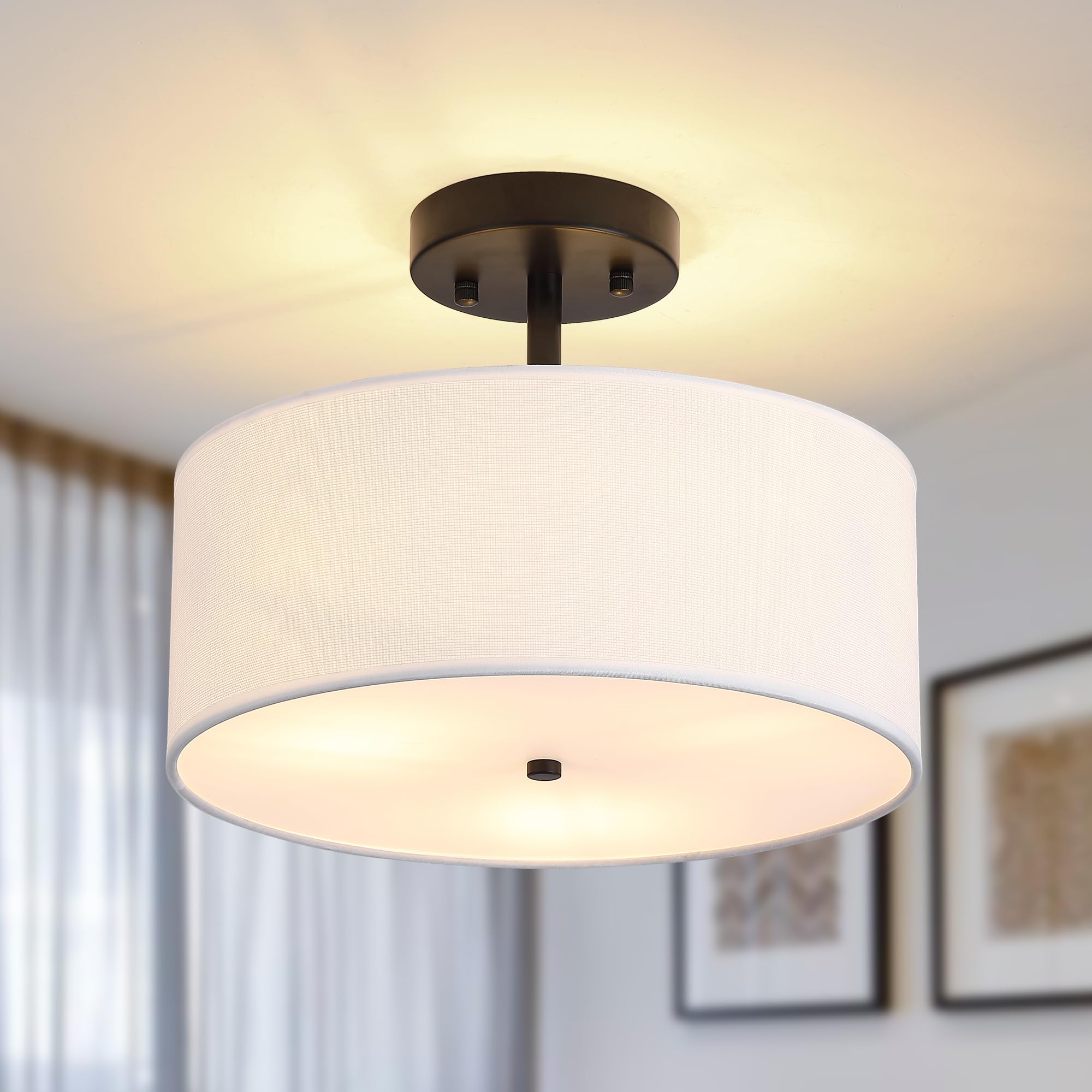 Febeleven 3-Light Semi Flush Mount Ceiling Light Modern Black Drum Light Fixtures with White Fabric Cover Shade Round Chandelier