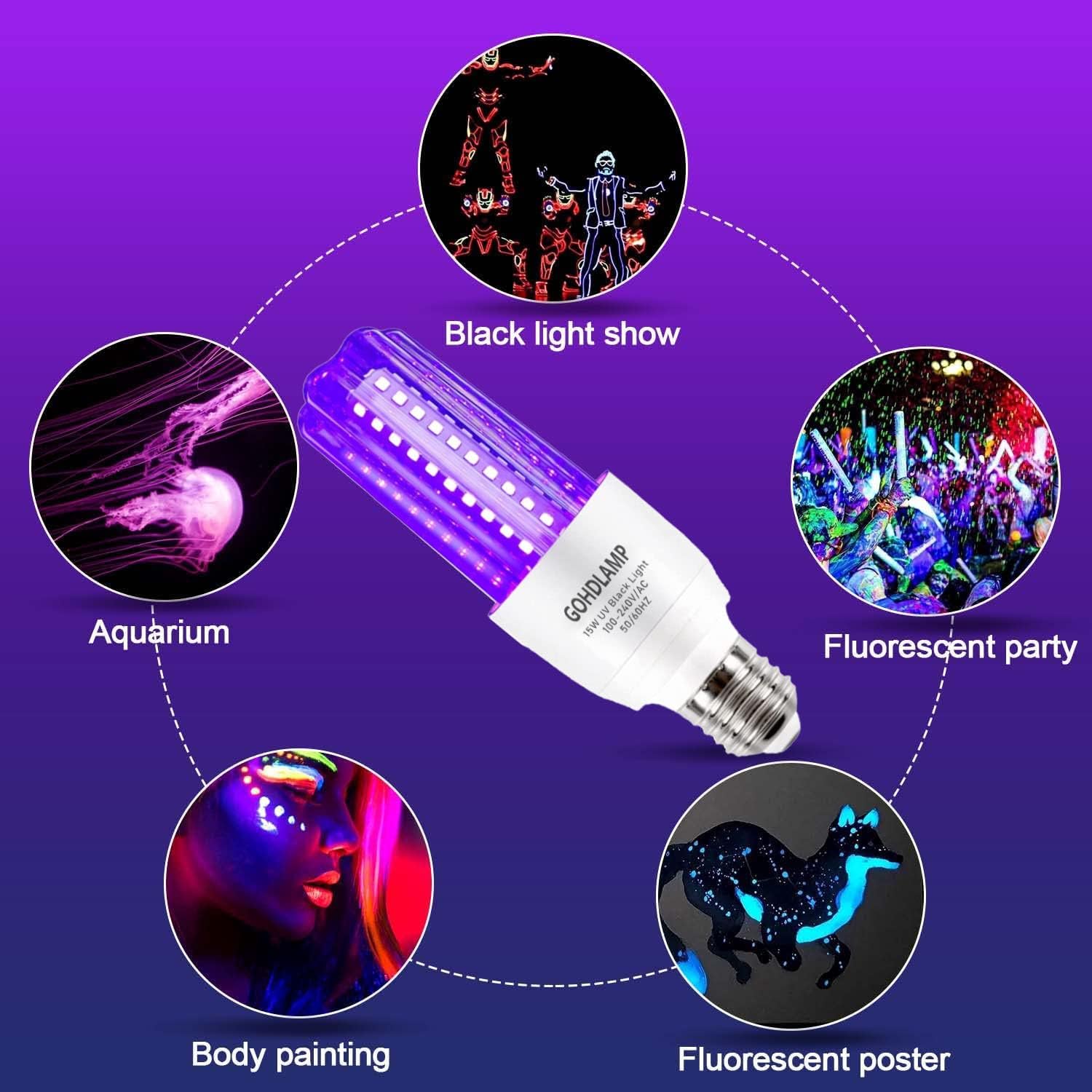 GOHDLAMP LED Black Light Bulb 15W UVA 395-400nm, Plastic, Black Light, 2 Pack