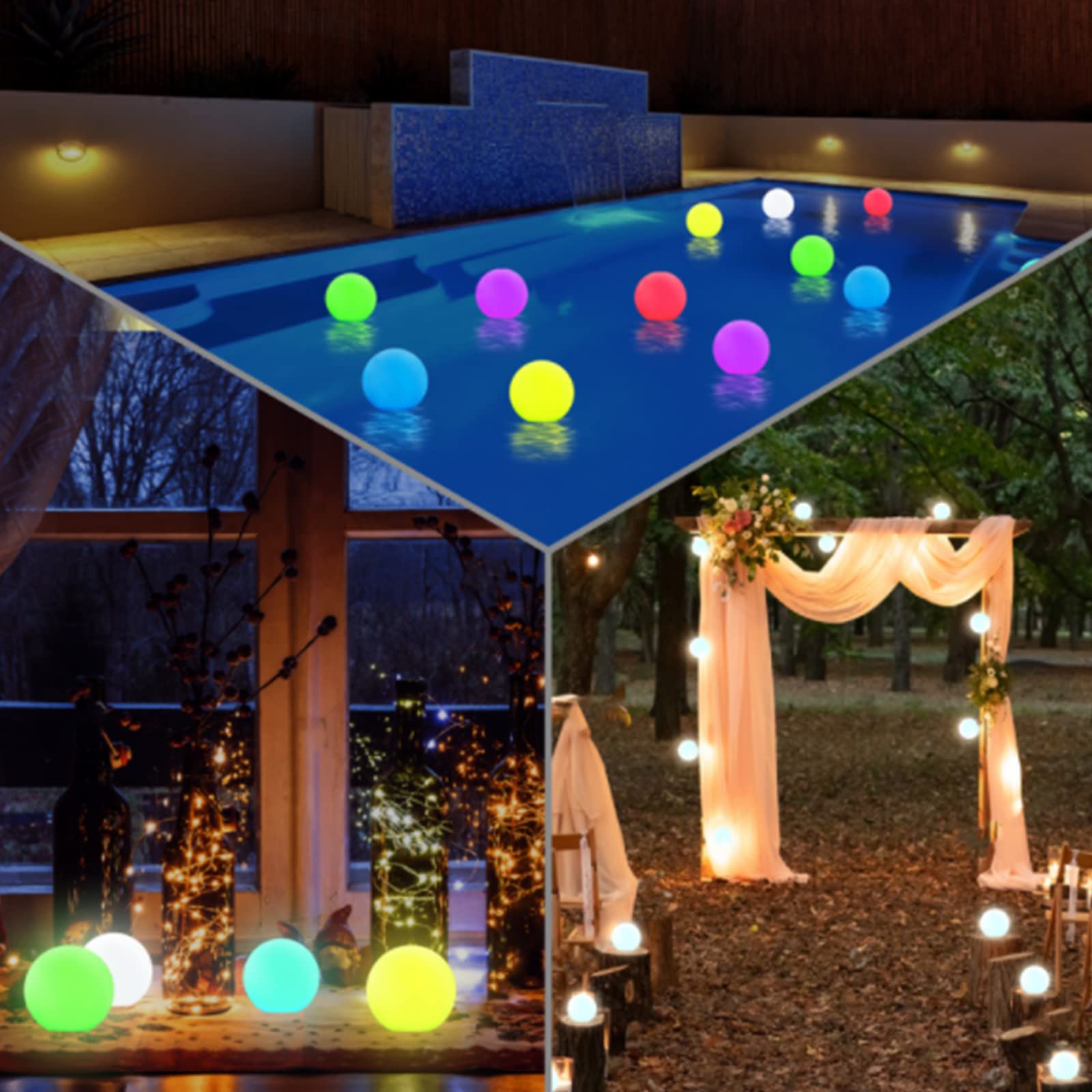Borelor Floating Pool Lights, 3-Inch USB Rechargeable Globe Lamp, IP68 Waterproof, 16 Color, 6 Pack, Multicolor