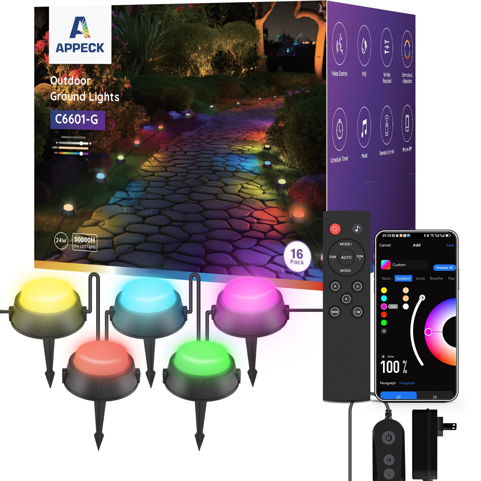 APPECK Smart Outdoor Ground Lights 16 Pack, 50FT RGBW Color Changing Pathway Lights Wired, IP65 Waterproof Landscape Lights, for