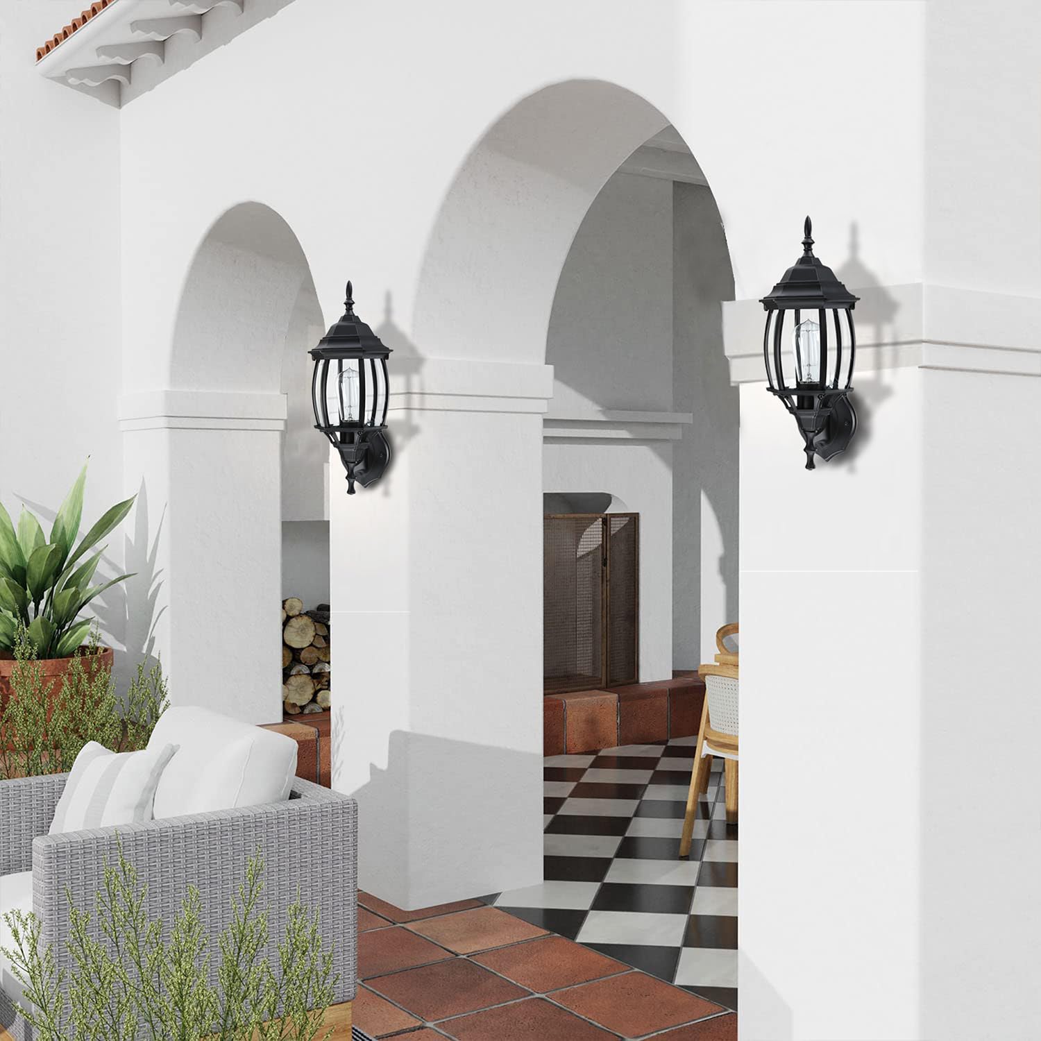 Faymart Lighting 2 Pack Black Outdoor Wall Lights, 16.8" Metal Lantern Sconce for Garage, Porch & Balcony, E26 Base