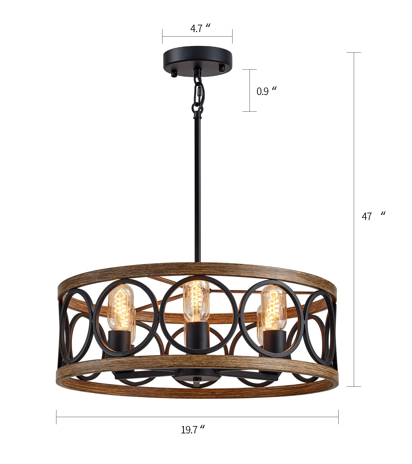 MEIXISUE Modern Farmhouse Drum Chandelier, 6-Lights, Retro Wood Finish, Antique Metal, Model MX-P2139-6B for Kitchen, Dining, Living Room