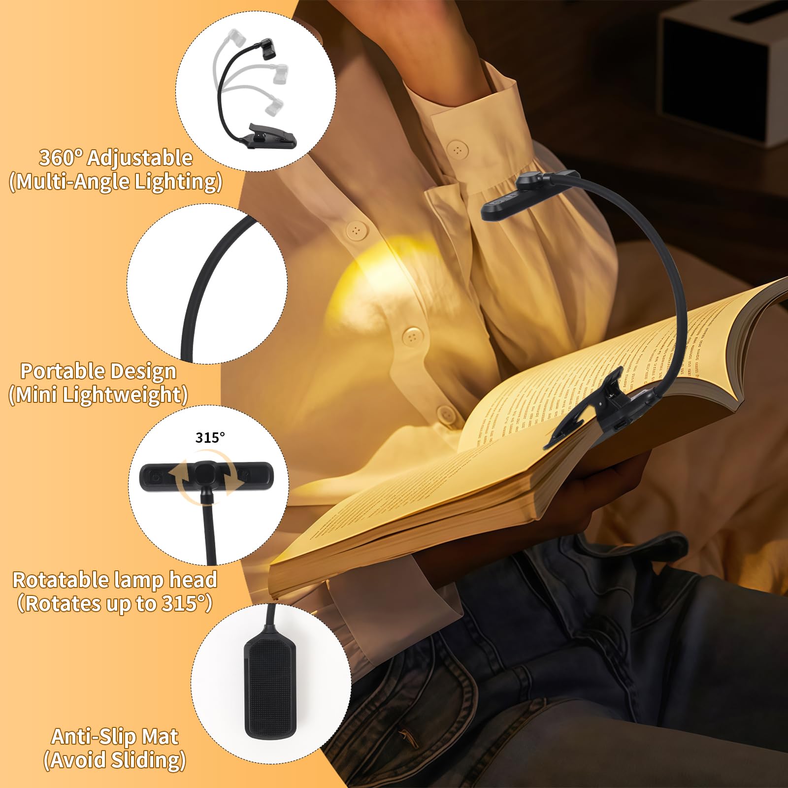 Bsdgeclogy 9 LED Rechargeable Book Light for Reading in Bed - Eye Caring with 3 Color Temperatures, Stepless Dimming Brightness,