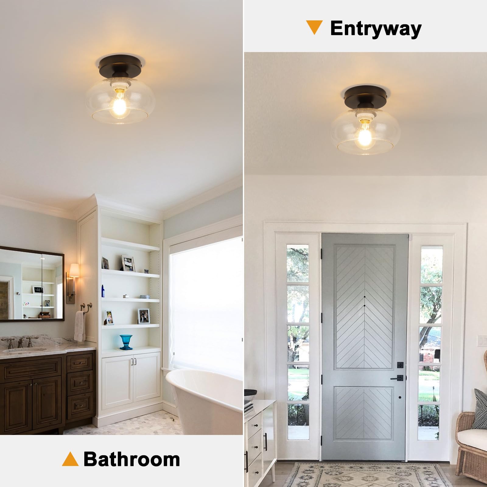 Wilon Industrial Semi Flush Mount Ceiling Light, Hallway Light Fixture With Glass Shade, Small Black Kitchen Ceiling Light Fixtu