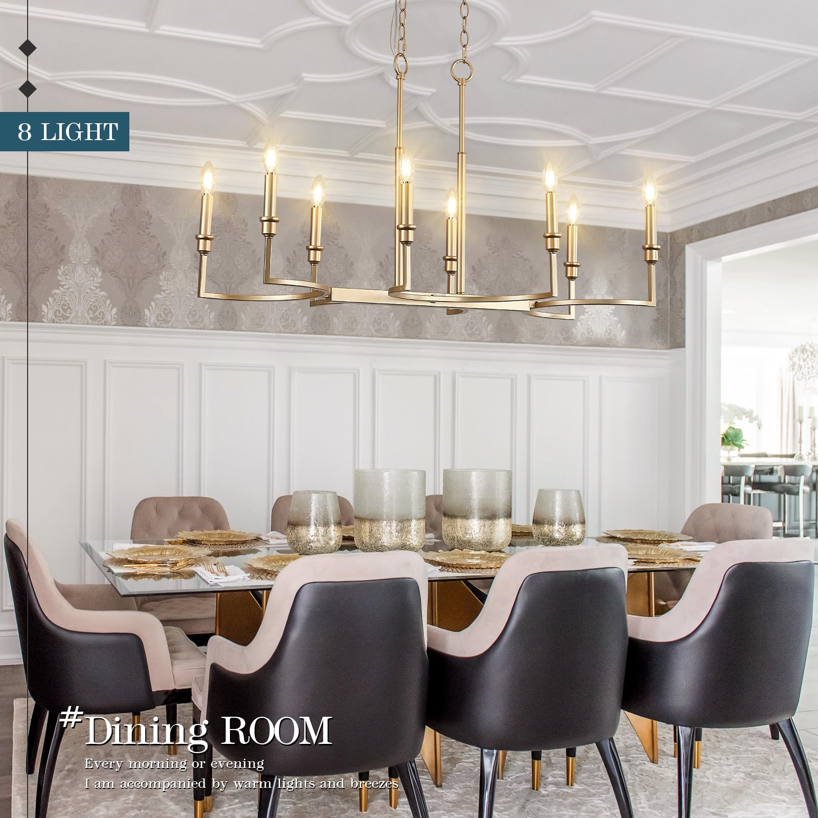 Caraluxe Gold Rectangular Chandelier Linear Kitchen Island Chandelier Light Fixture 8 Light Gold Chandeliers Lighting For Kitche