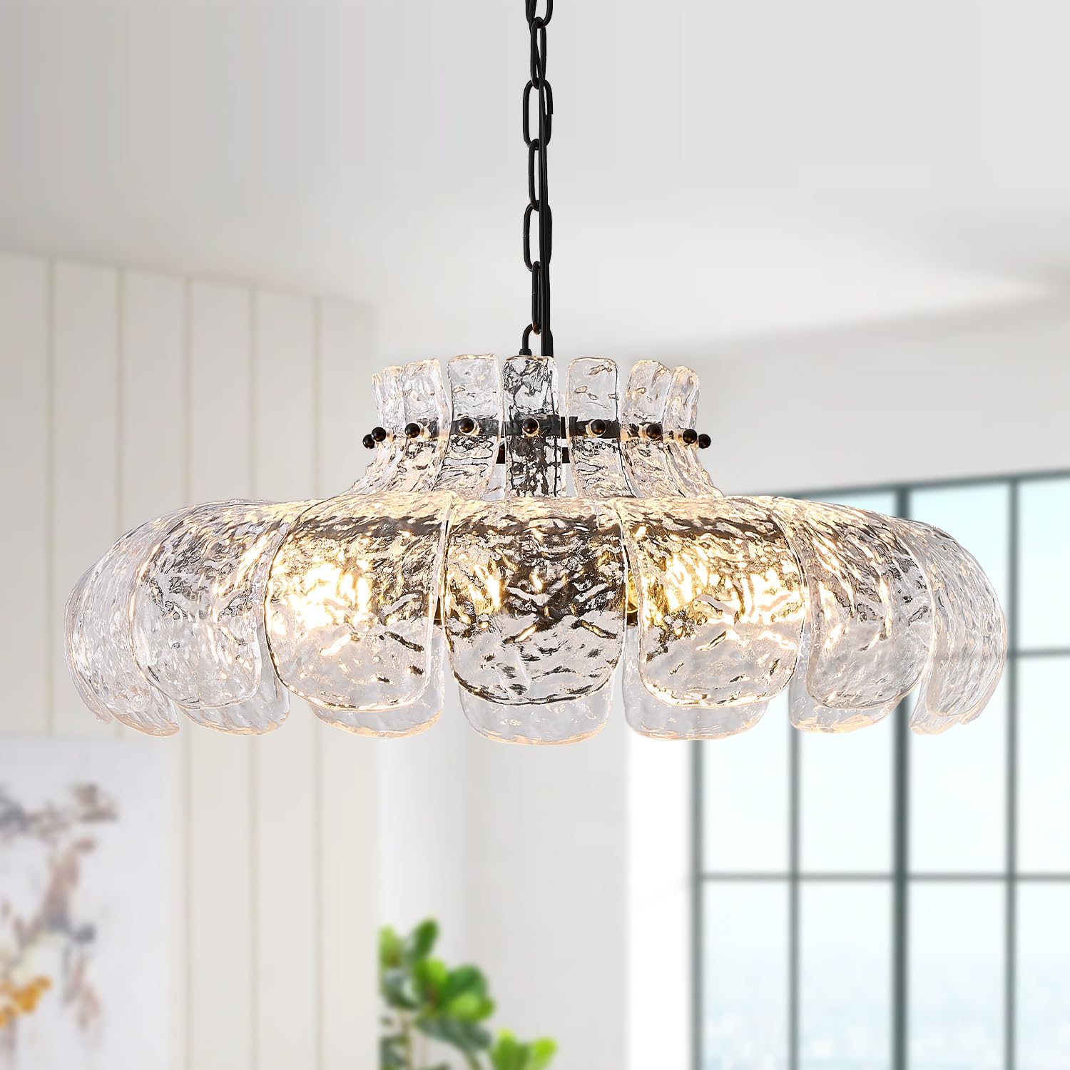 Poemoon Black Glass Chandelier 8-Light Luxury Water Ripple Glass Chandelier Lighting 21.6'' Modern Hanging Light Fixture For Liv