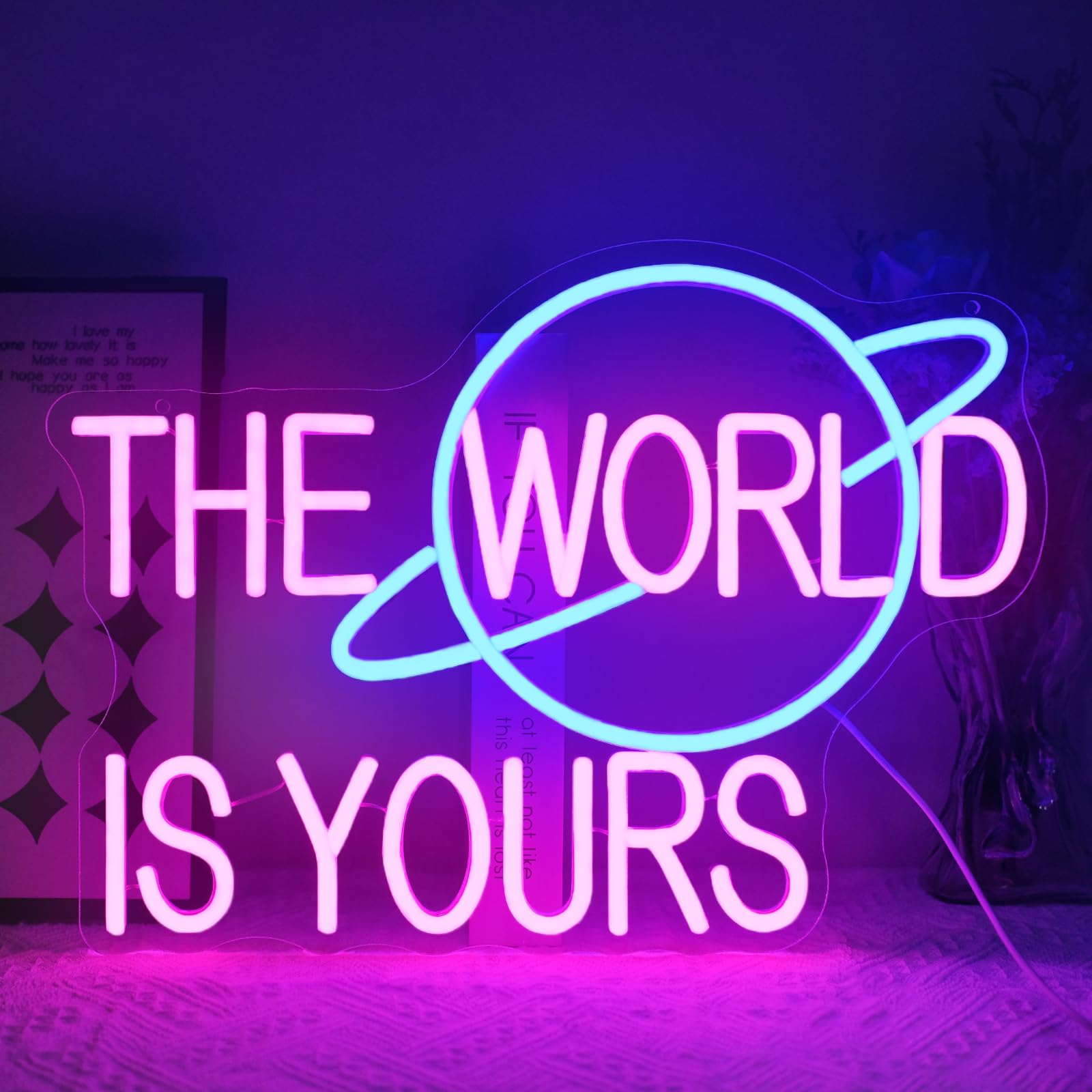 Virlusy Neon Sign for Wall Decor, Dimmable LED Lights, Acrylic, Pink Blue, Model YL-The World is Yours, Letter Size