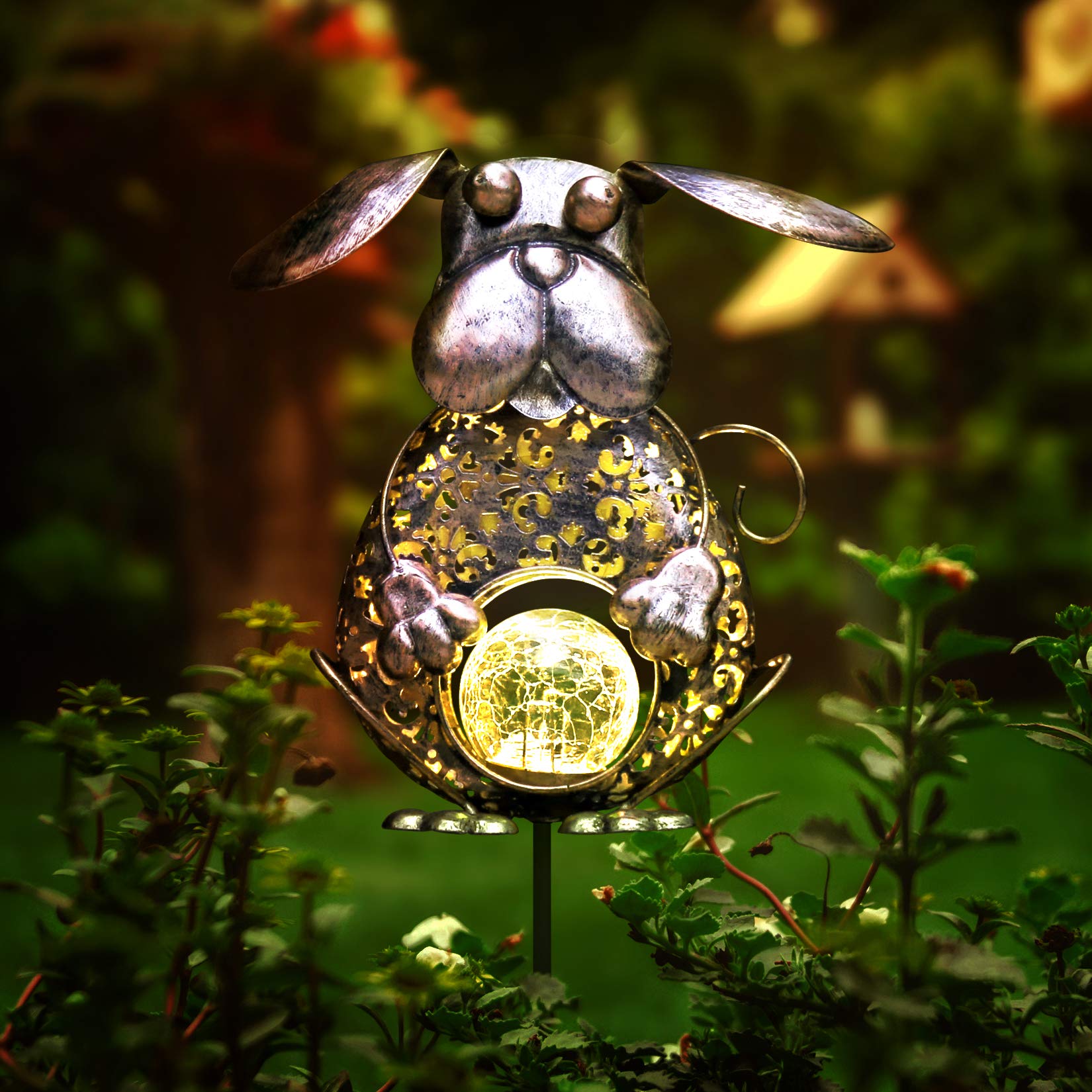 KAIXOXIN Solar Garden Lights, Metal Dog Stake with  le Glass Globe, Waterproof, Warm White LED, Dog-Bronze Color
