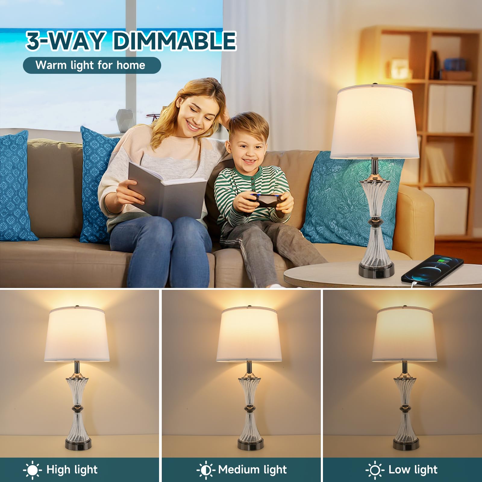 Bedside Crystal Lamps Touch Dimmable Table Lamps Modern Glass Table Lamp Led Lights Coastal Light Usb Powered Desk Lights Nights