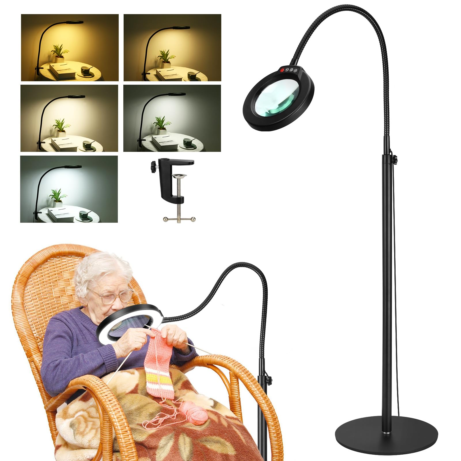 5X Magnifying Glass with Light and Stand, Krstlv 24'' Flexible Gooseneck Magnifying Floor Lamp, 3-in-1 LED 5 Color Modes Steples