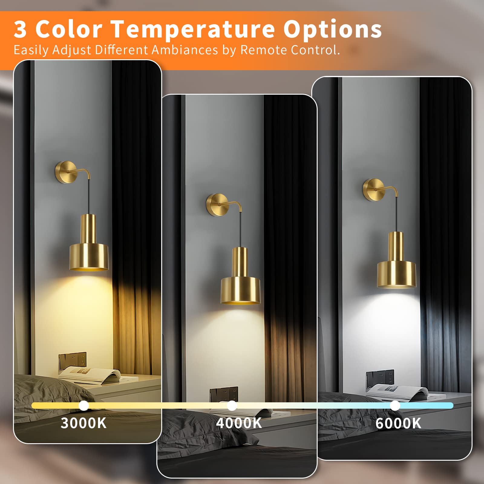 VerRon Gold Wall Sconce Set of 2, Dimmable LED Lights with Remote Control, 3000K-6000K Adjustable, Model L2005-1BS