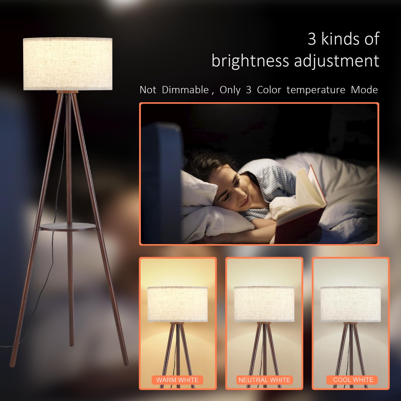 Baobab Tree Park Wood Tripod Floor Lamp For Living Room, 3 Color Temparature Led Bulb Included, Mid Century Modern Wooden Shelf