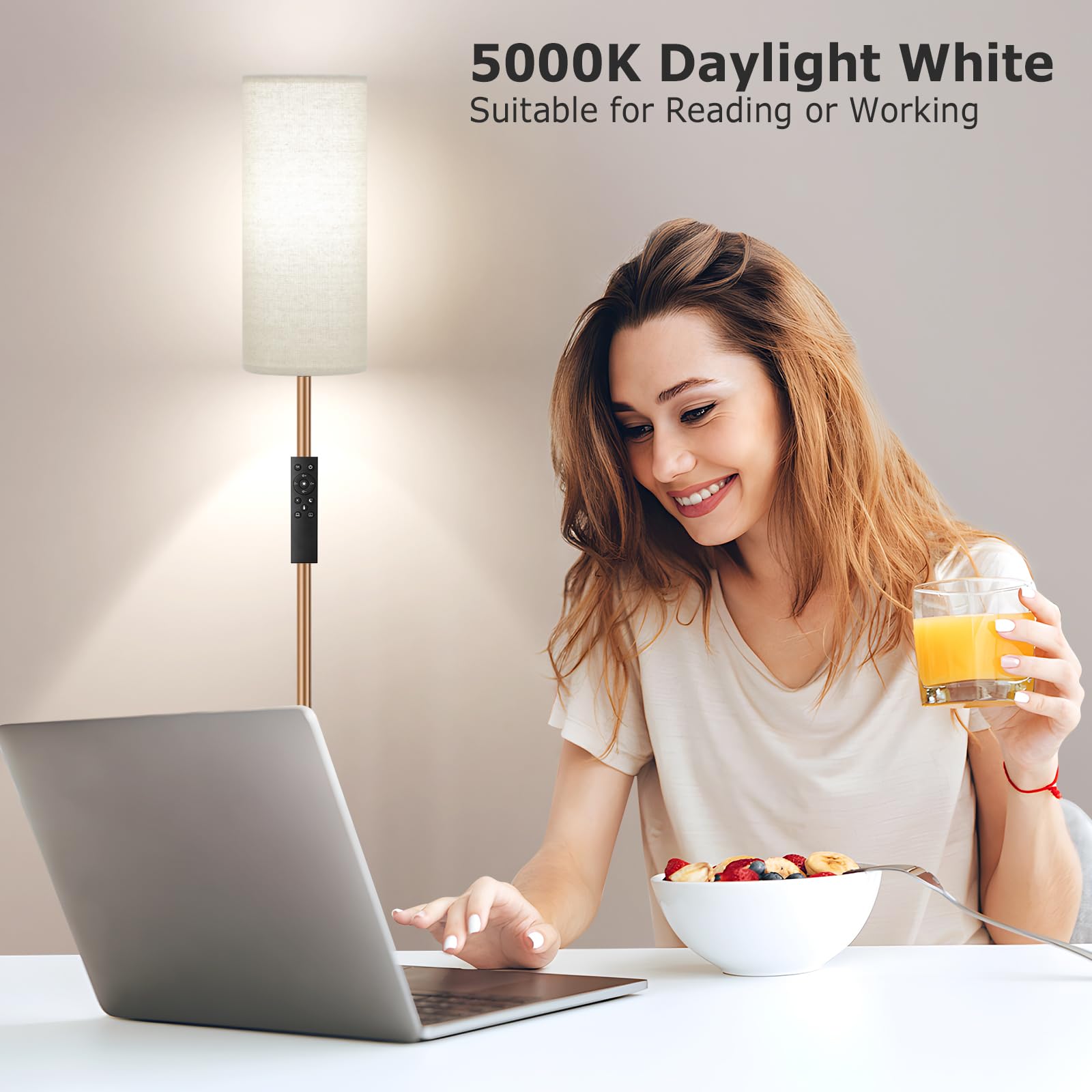 Ambimall 64'' Floor Lamps For Living Room With Remote Control And Stepless Dimmable Colors Temperature & Brightness, 9W Bulb Included(Beige Lampshade & Brown Pole)
