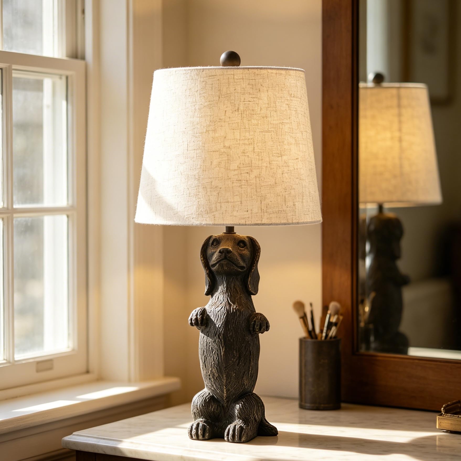 Crestview Collection 22.5 H Resin Dachshund Dog Table Lamp with Brushed Black Finish & Beige Linen Shade, Whimsical Animal Sculp