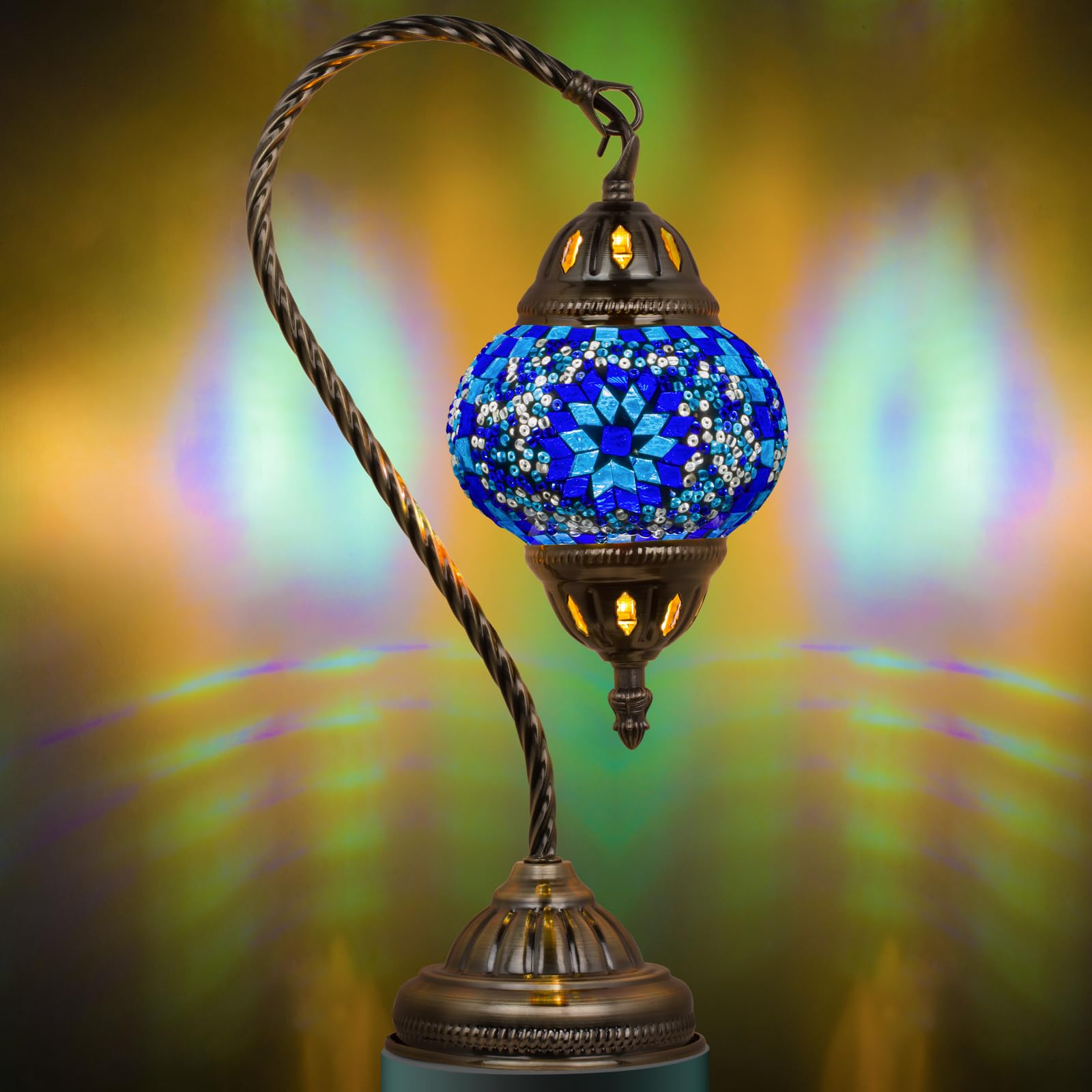 Marrakech Turkish Mosaic Glass Table Lamp with Swan Neck Bronze Base, LED Bulb, 408gb, Mosaic Blue, Model YMA403-N1-Swan-Blue