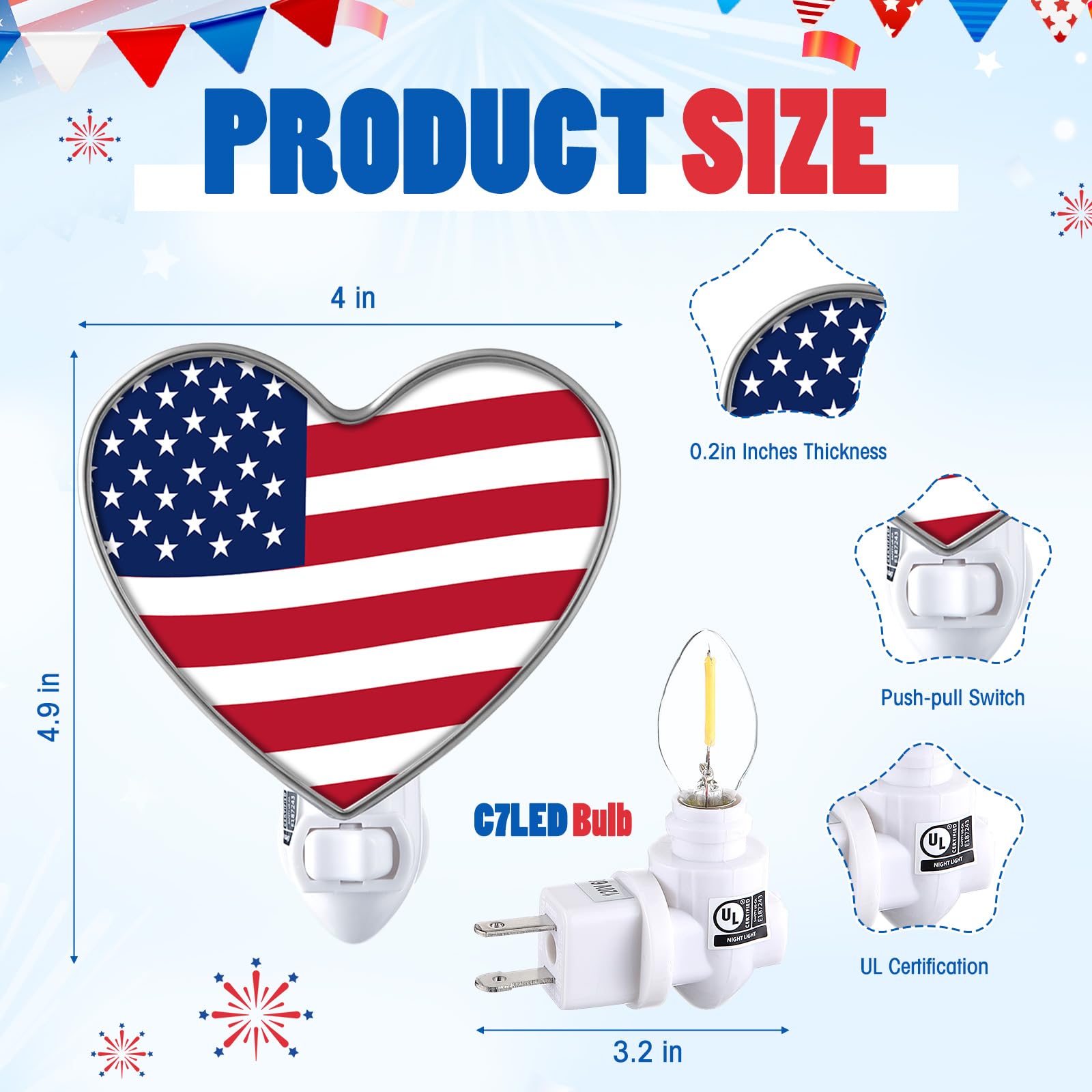 Kittmip Heart Shaped 4th of July Night Light with Switch Acrylic Patriotic American Flag Plug in Wall LED Light for Independence