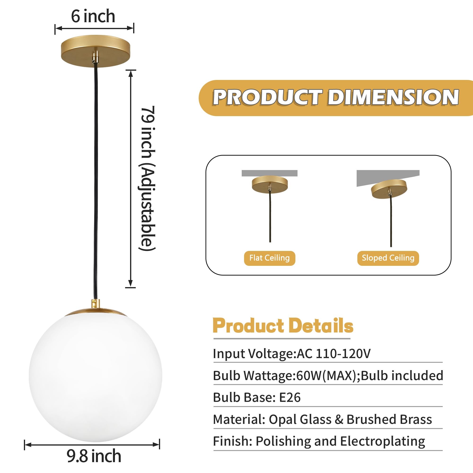 Koko&Yukina 10&quot; Gold Globe Pendant Light, Mid Century Modern Glass Shade For Dining Room/Bedroom