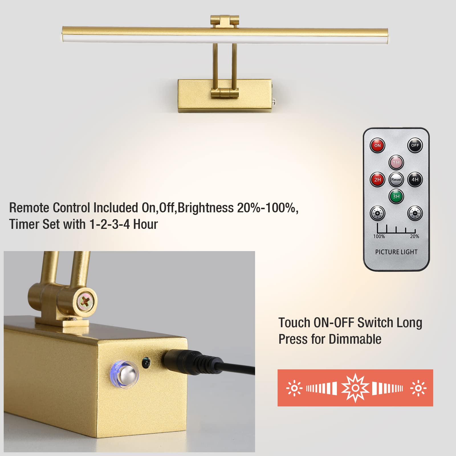 HOWMZON Wireless Picture Light, 5200mAh Battery Operated, Metal, 16in Gold, Model HW2300, Curved Arm for Wall Display
