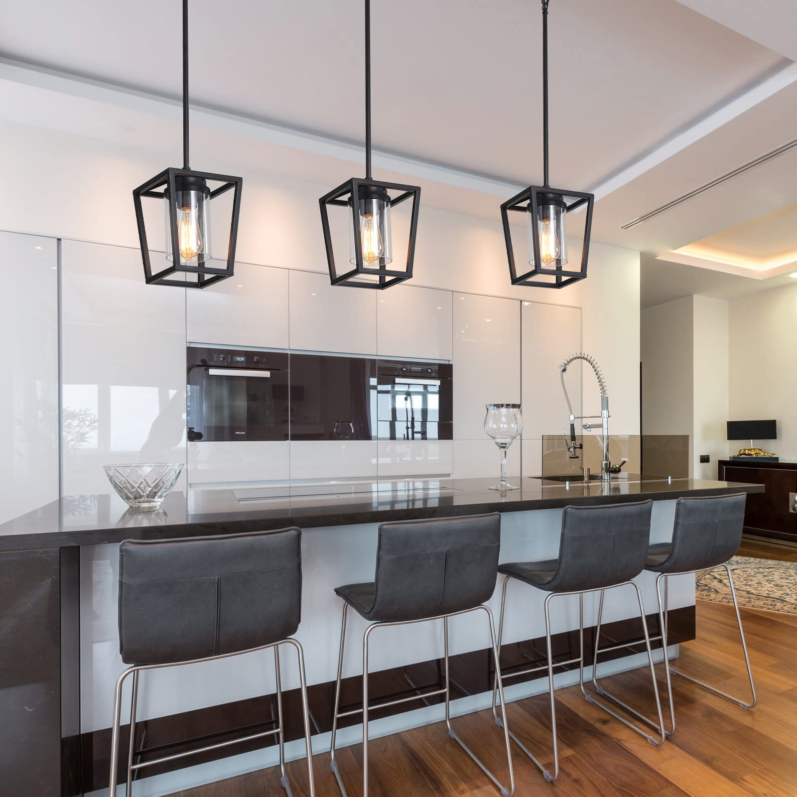 SGLfarmty 1-Light Black Metal Pendant Light Fixture with Glass Shade, Adjustable Lantern for Kitchen Island, Dining Room, Entryway