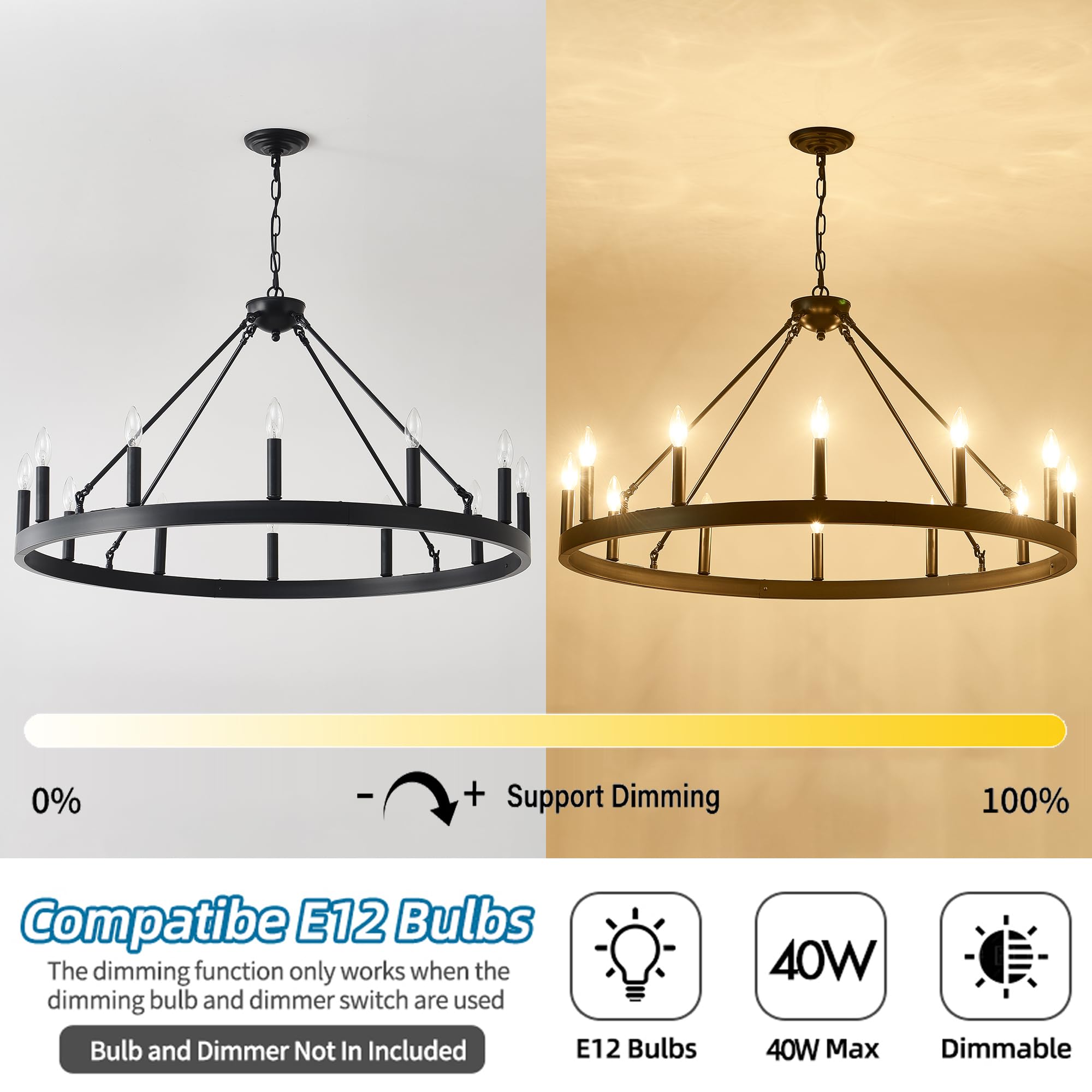 Viksroeo 40 Inch Black Wagon Wheel Chandelier, 12-Lights Farmhouse Industrial Round High Ceiling Pendant Light Adjustable Chain