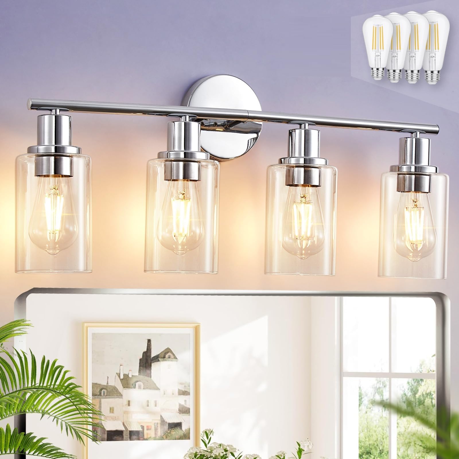 DINGLILIGHTING DLLT 4-Light Bathroom Light Fixtures - Chrome Metal Vanity Lights with Clear Glass Shade - Model DLLT-4L-C26
