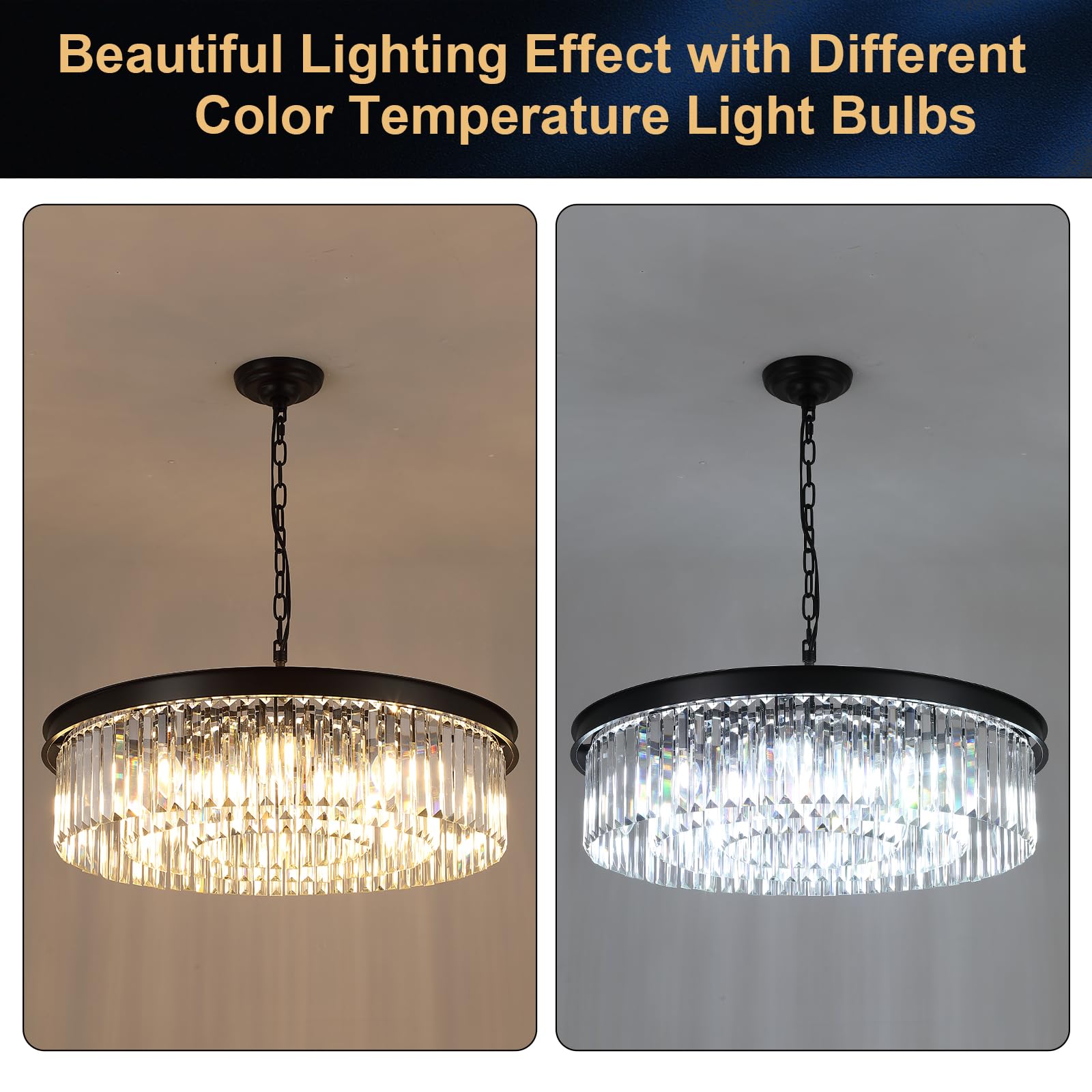 A AXILIXI 30in  Modern Crystal Chandelier, 12-Light, Black Metal, K9 Crystal, Model 88317, Ideal for Living Room, Dining Room, Foyer