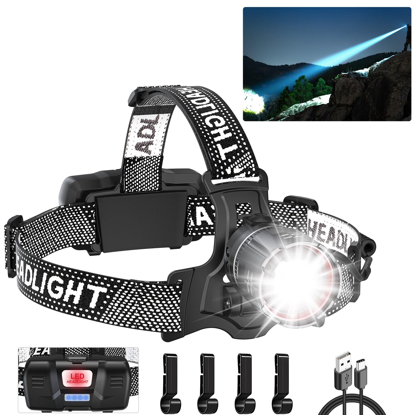 Atdoall Super Bright Led Headlamp, 100000 Lumen Rechargeable Head Lamp With Motion Sensor, 5 Modes, Ipx5 Waterproof, 90 Adjustab