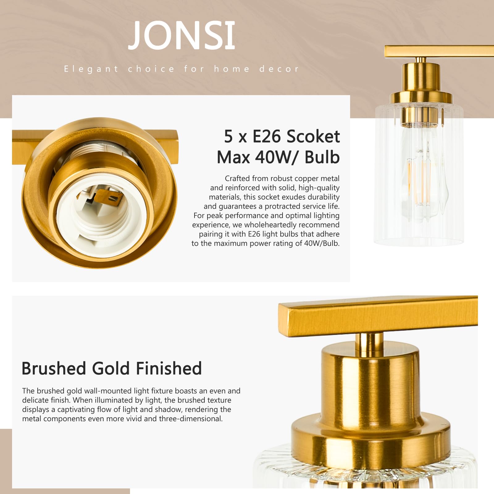 Jonsi 5-Light Brushed Gold Bathroom Vanity Light Fixture with Glass Shade, 40.2 Inch, E26 Wall Sconces for Bathroom and Hallway