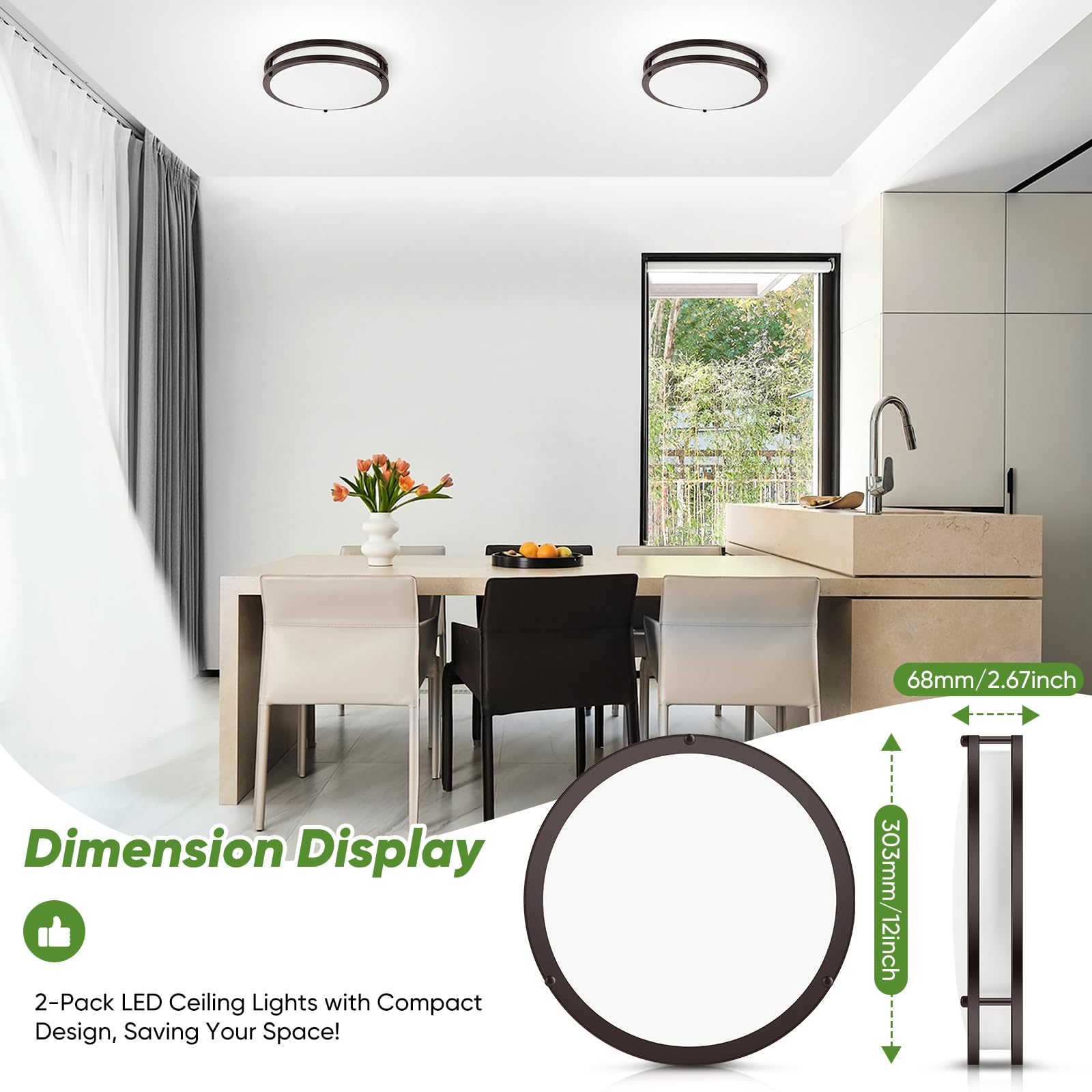 TOBUSA 2-Pack LED Ceiling Lights, 12in Flush Mount, 36W, Dimmable, Oil-Rubbed Bronze, 5CCT, Model 63630010-