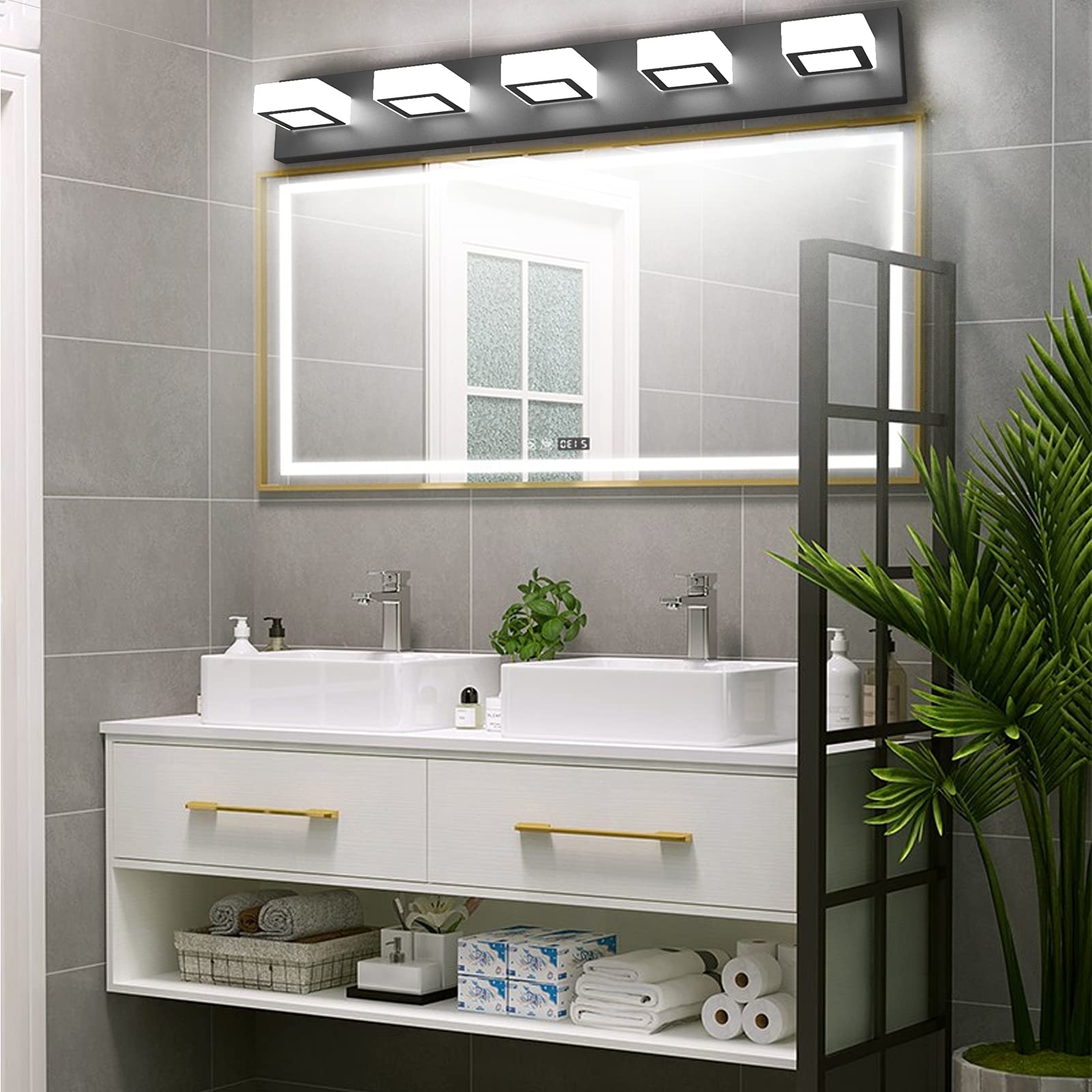 Ralbay 5-Light Modern Black Bathroom Vanity Lighting Fixtures, Adjustable Acrylic, Natural White Light, Model black-8590-5T-45K