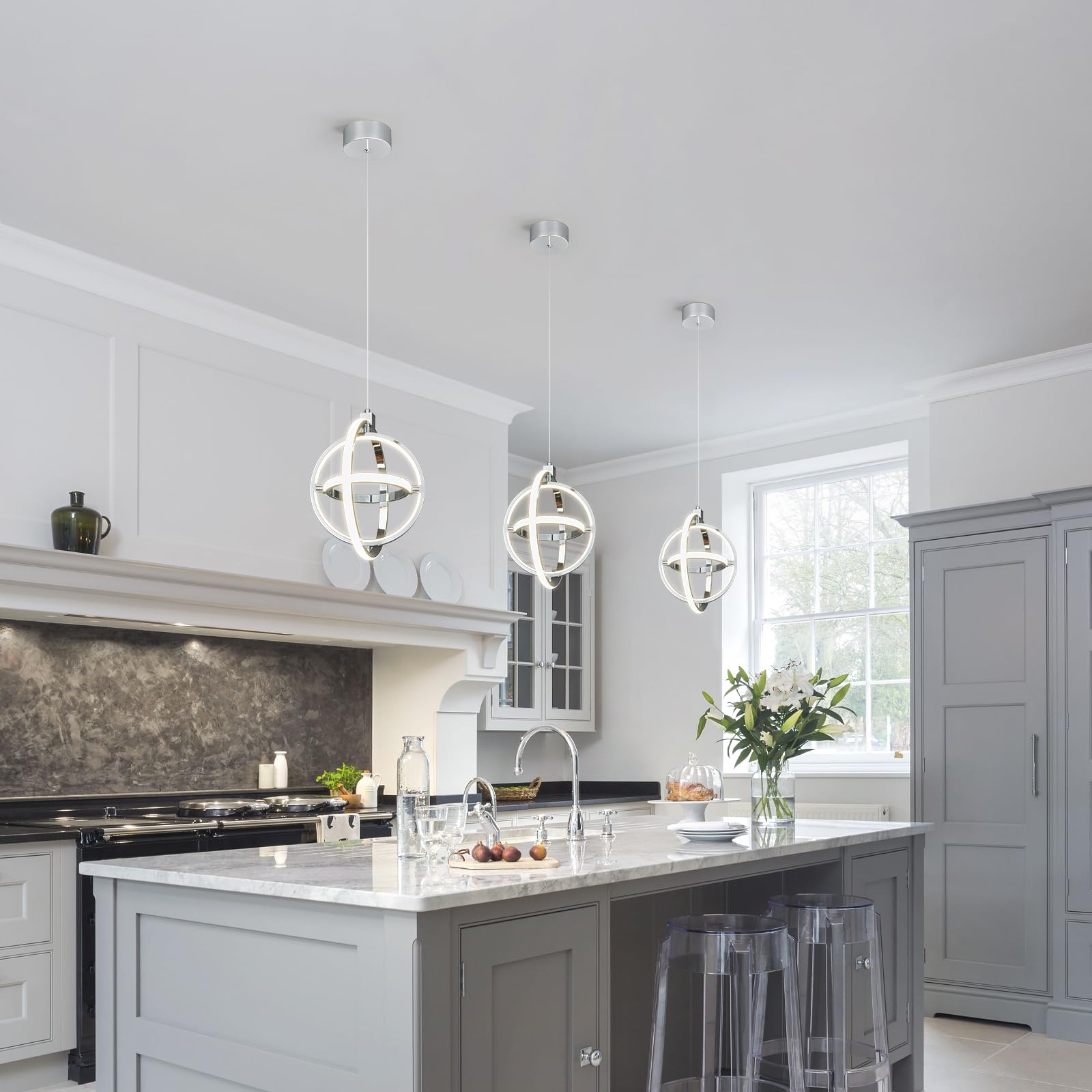 Bnhhlz Modern Led Pendant Light Chrome Pendant Lights 4000K Dimmable External Glow Height Adjustable Pendant Lighting For Kitchen Island Dining Room Bedroom Living Room Foyer(3-Ring)