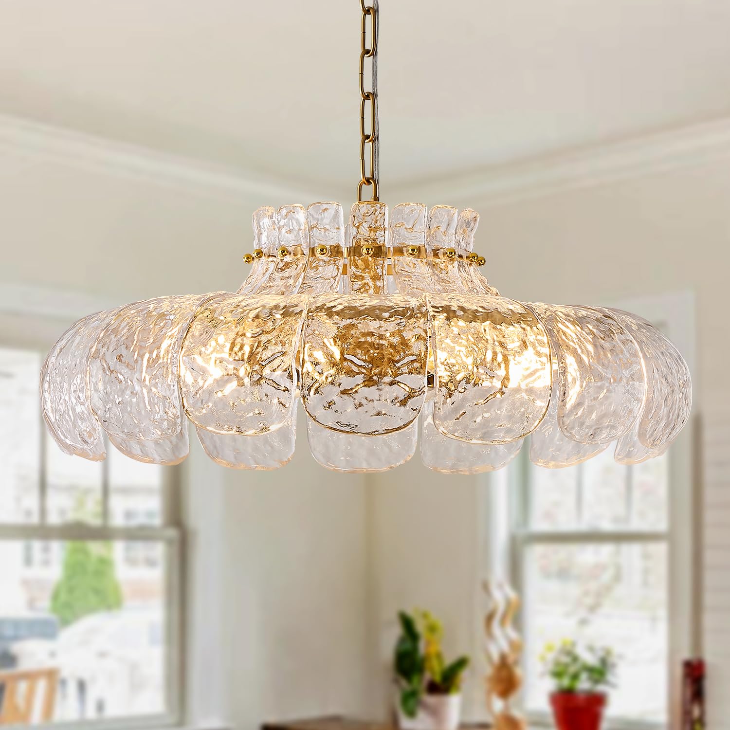 Poemoon 8-Light Modern Water Ripple Glass Chandelier 21.6'' Pendant Chandelier Luxury Gold Hanging Lighting For Living Dining Ro