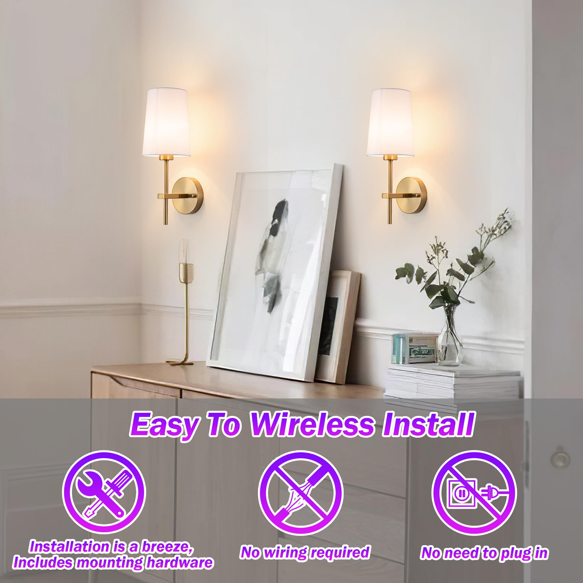 Battery Operated Wall Sconce Set of 2, Wireless Dimmable Battery Powered Wall Lamp with Remote Control,battery Wall Light with W