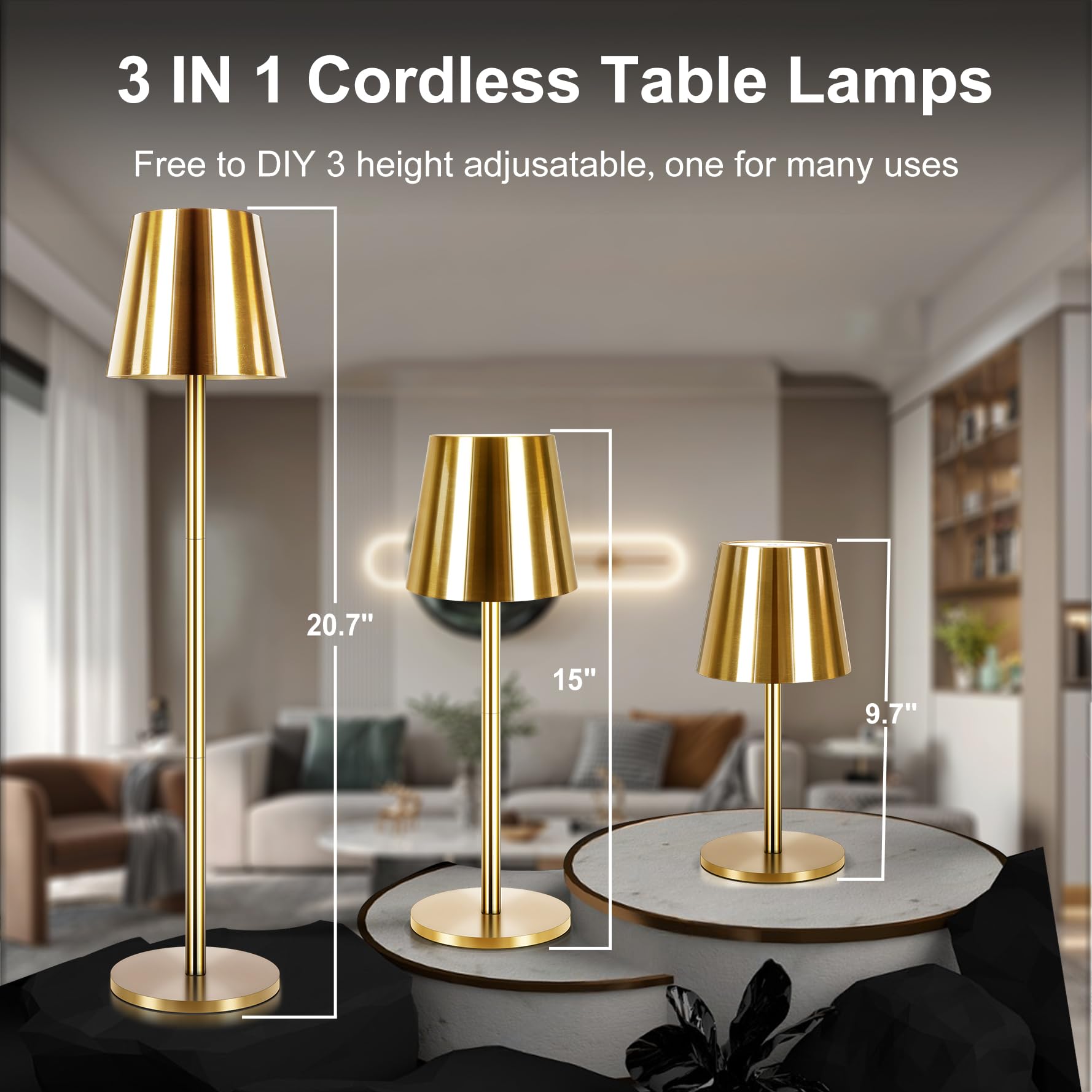 Seyxicnor 2 Pack Gold Cordless Table Lamp Rechargeable, 5400Mah Battery Metal Table Light With 3 Adjustable Heights, 3 Color Ste