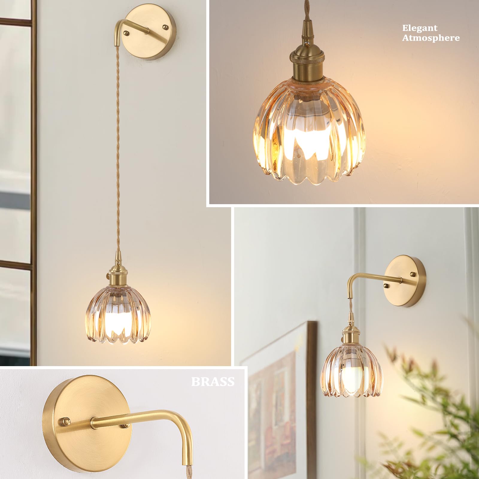 Shenmoyl Wall Sconce, Battery Operated, Brass, Amber Tulip Shade, Adjustable Chain, Model 1-938, Indoor Lighting for Bedroom and Doorway