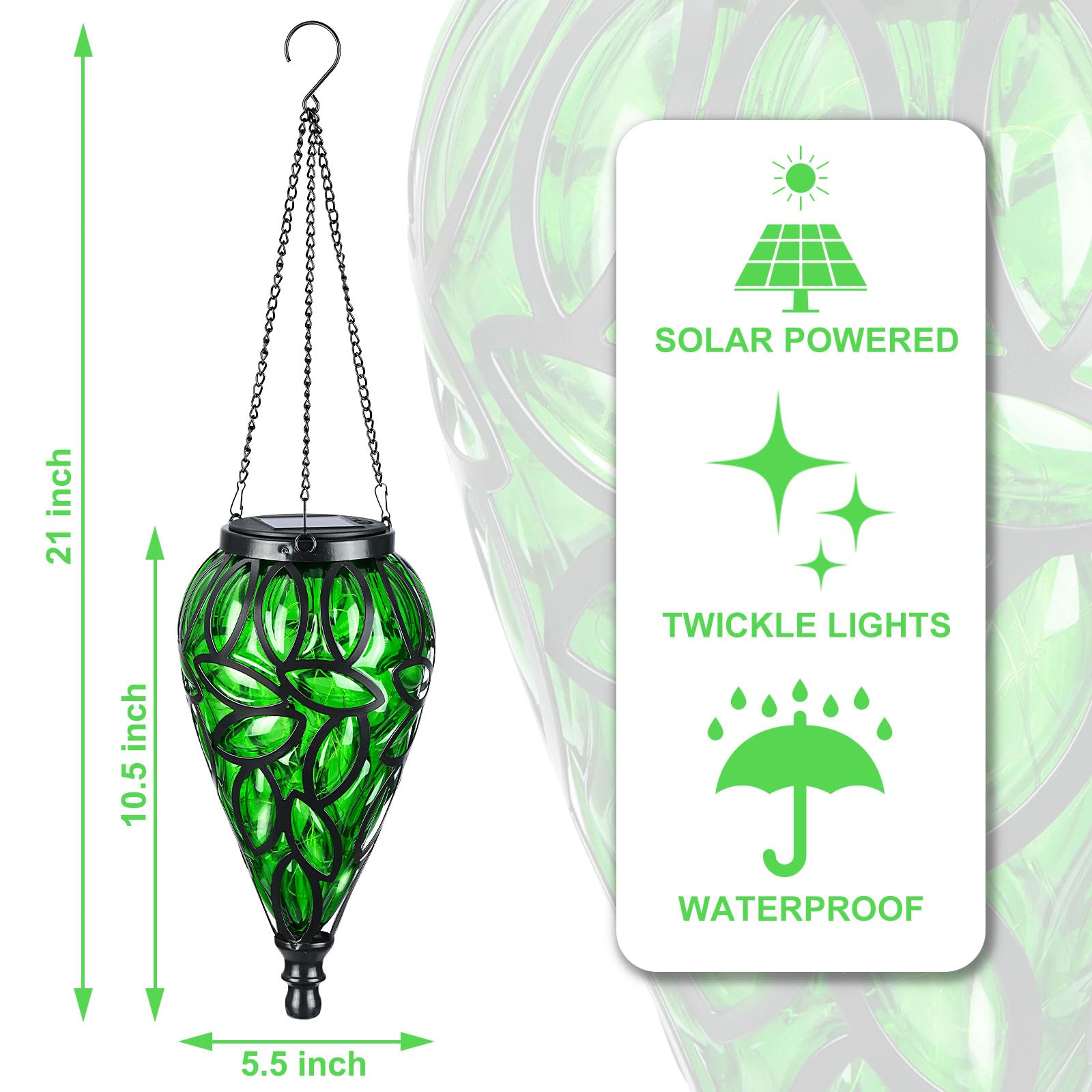 LEWIS&WAYNE Solar Hanging Lantern, 15 LEDs, Cool White Light, Green, Tear-Shaped, Outdoor Decor for Garden and Pathway
