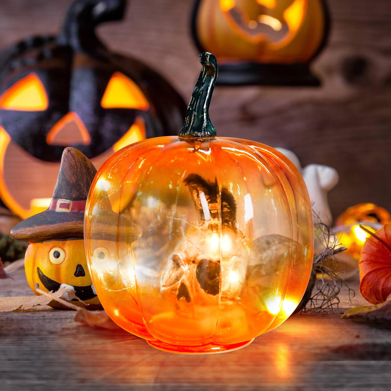 Afirst Halloween Decorations Indoor Lighted Halloween Fall Pumpkins Illuminated Glass Pumpkin With Skull Crow For Thanksgiving Fireplace Tabletop Party Home Bedroom Decor Gift
