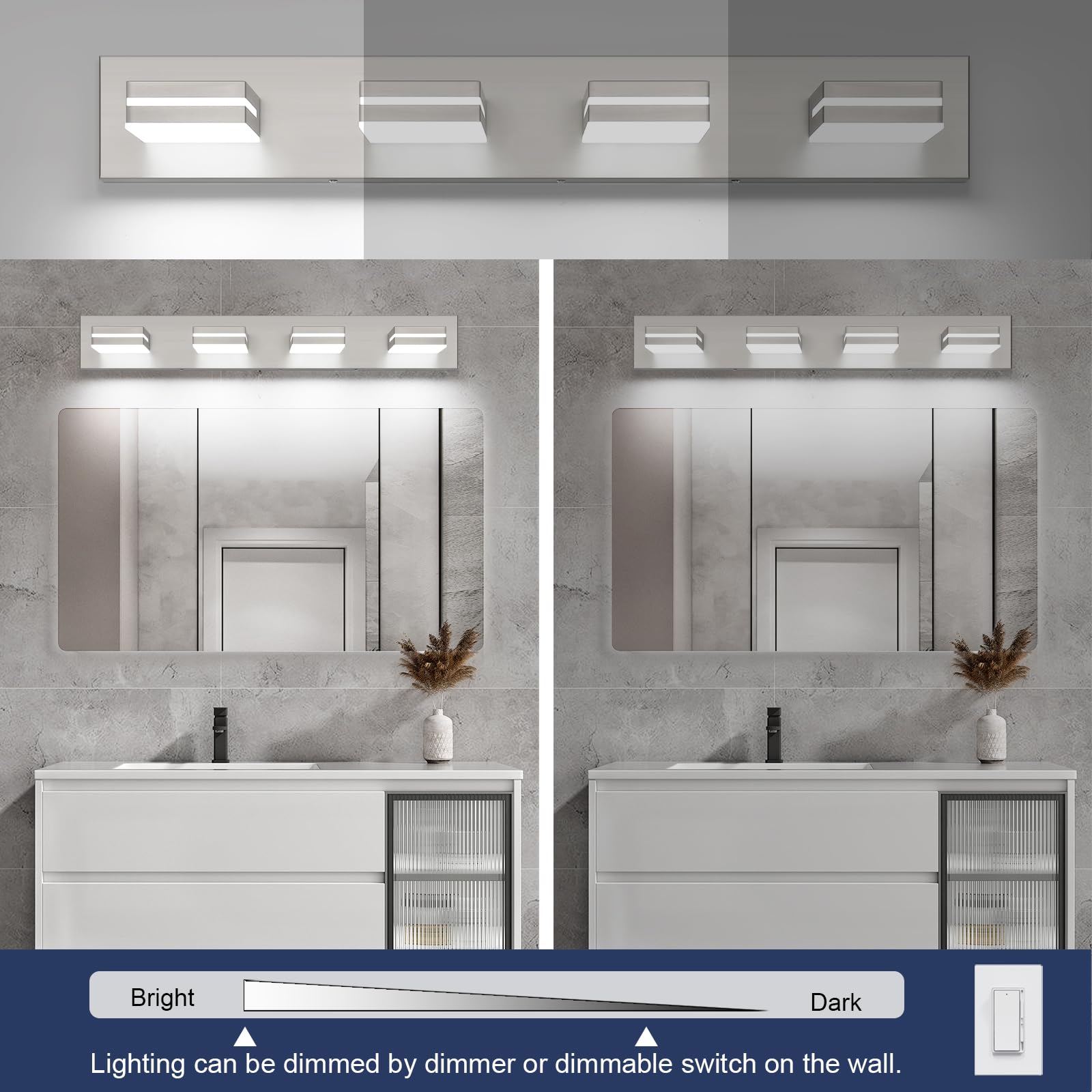 Sinerise Led Modern Bathroom Vanity Light Fixtures (4-Light  30-Inch  Dimmable)  Brushed Nickel Modern Acrylic Bathroom Wall Lighting Fixtures Over Mirror (Cool White 6000K)