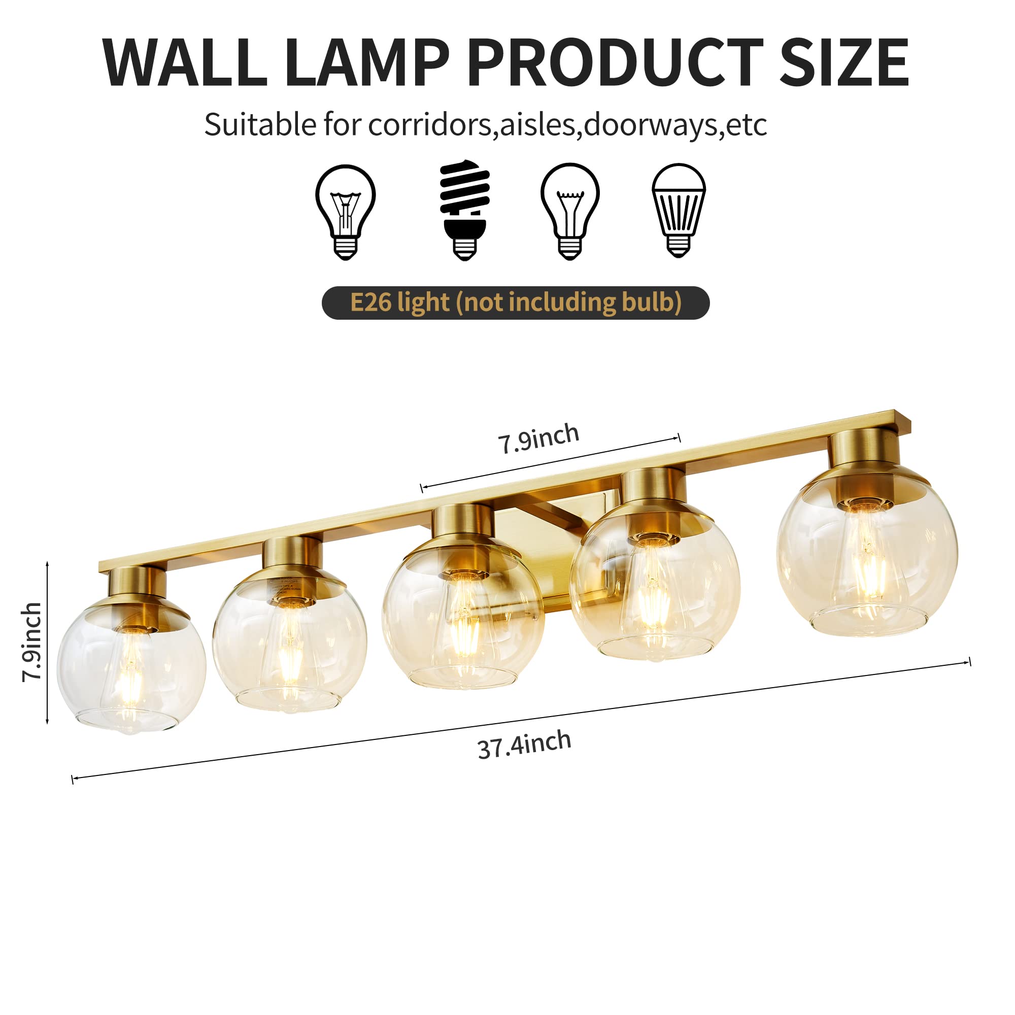 PAZALA 5 Light Bathroom Vanity Light Fixture Over Mirror 37 in Globe Glass Shade Brushed Brass 1698-5-JS