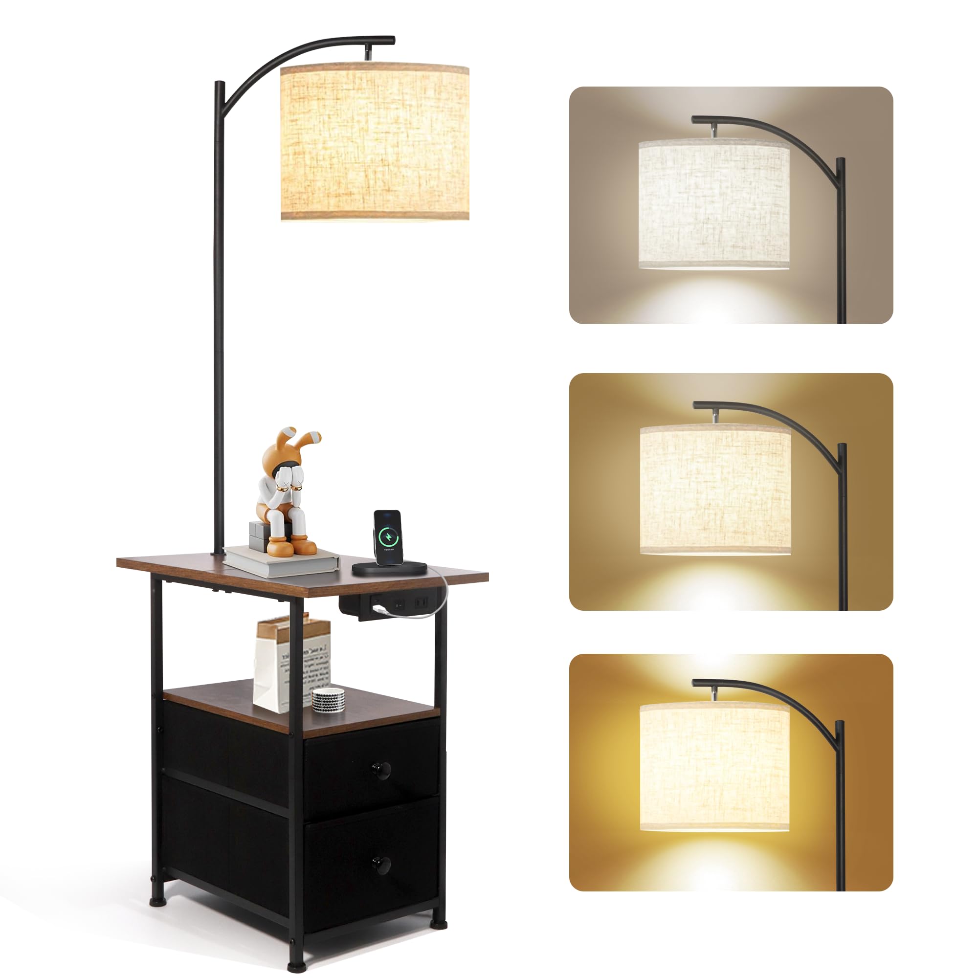 PESRAE Floor Lamp with Table, 3 Color Temperatures, USB & Type C Ports, Rustic Brown, Model PFL-009A
