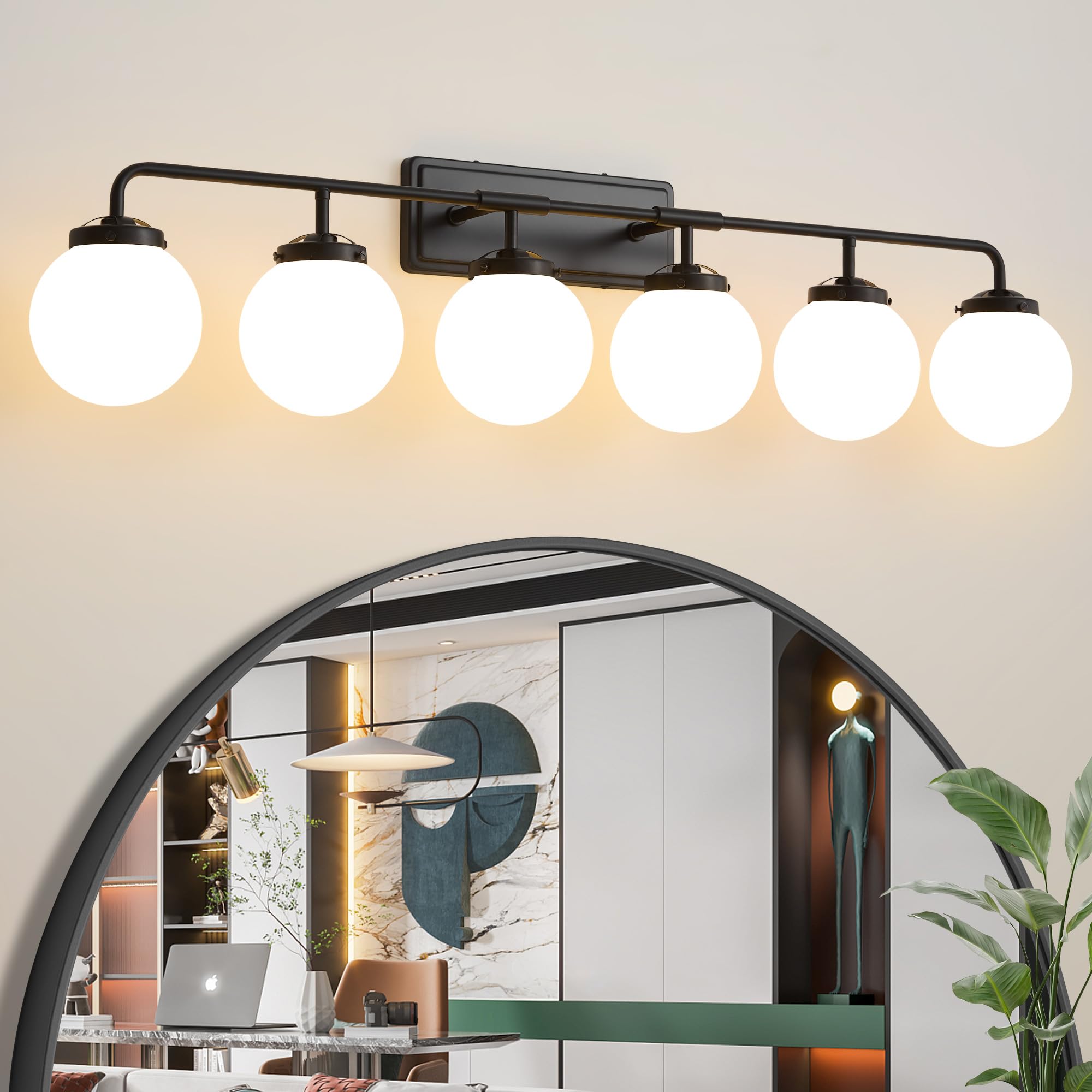 Deyidn Bathroom Light Fixtures Over Mirror  6-Light Matte Black Vanity Lighting With Milk White Glass Globe Shades Modern Wall Sconce