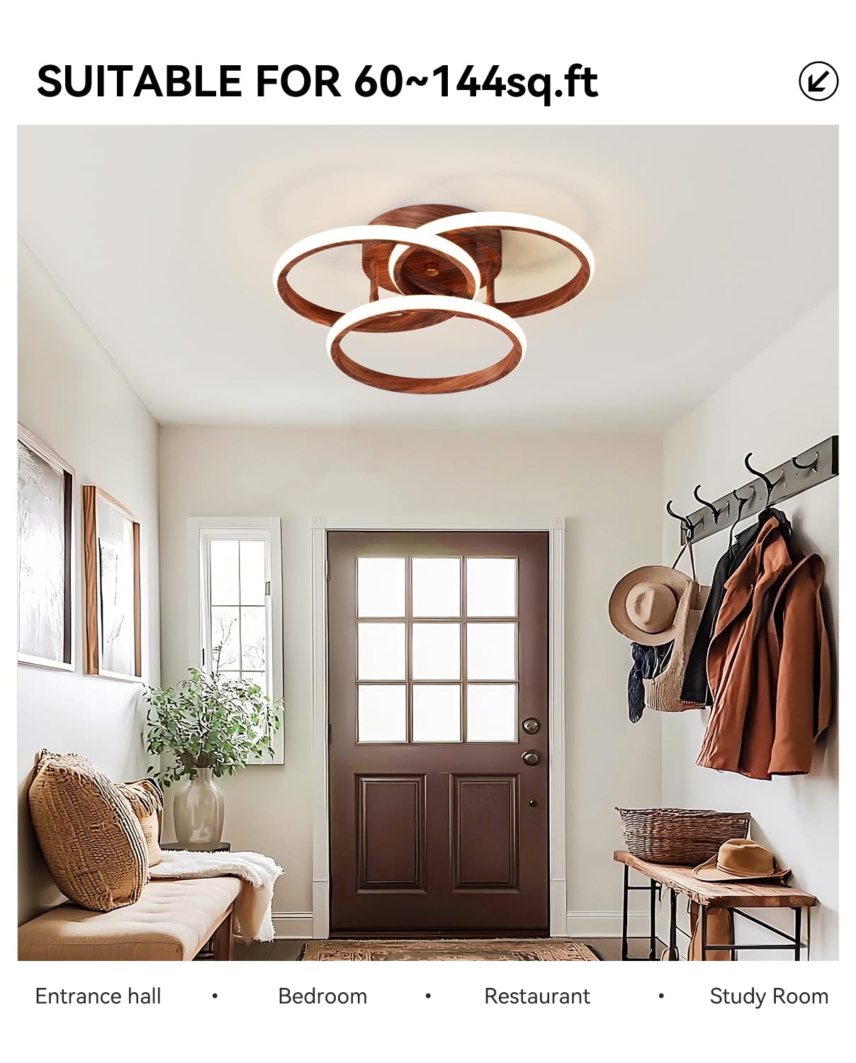 Miss Lighting Dimmable LED Semi Flush Mount Light Fixture with Remote Control, 15in-3 Ring Wood, Modern Chandelier for Bedroom and Kitchen
