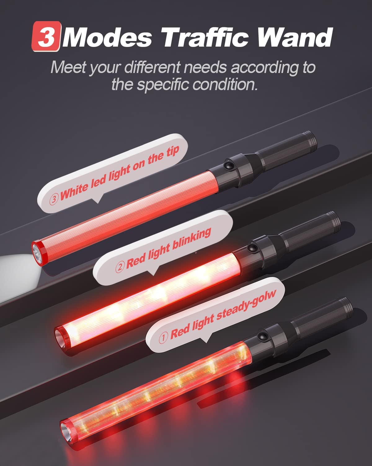 RoadHero 6 Pack LED Traffic Batons, 21 Inch Safety Wands with 3 Flashing Modes, Red Lighted Air Marshaling Signal for Directing Traffic