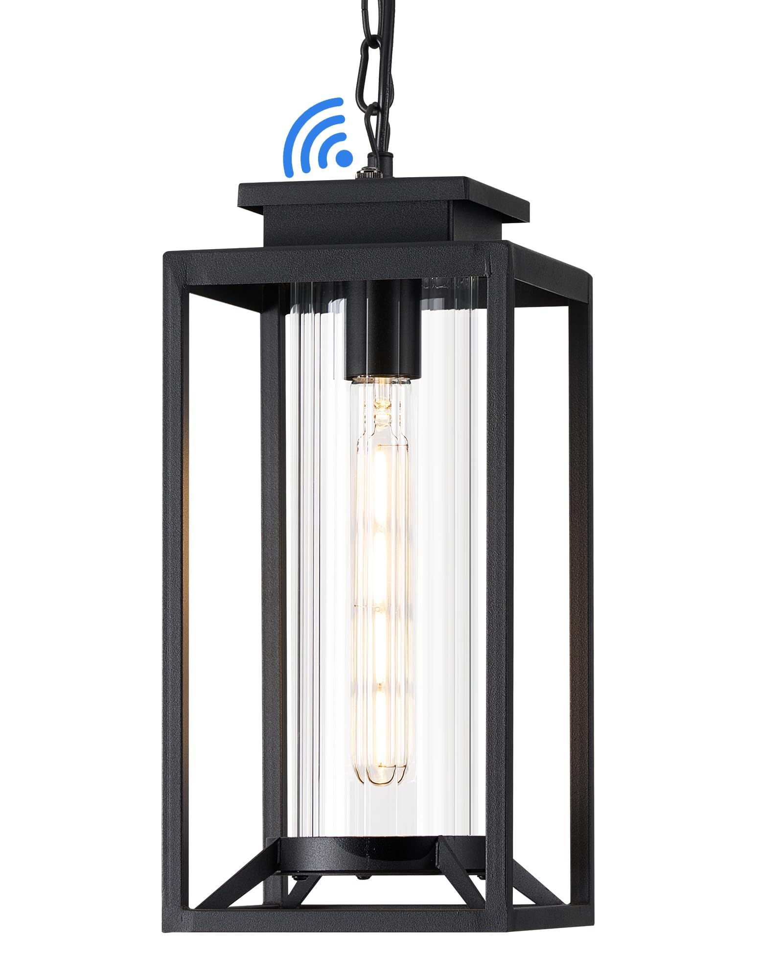 Osimir Outdoor Pendant Light, 14'' Large Dusk To Dawn Outdoor Chandelier Lantern With Sensor, Black Modern Exterior Hanging Porc