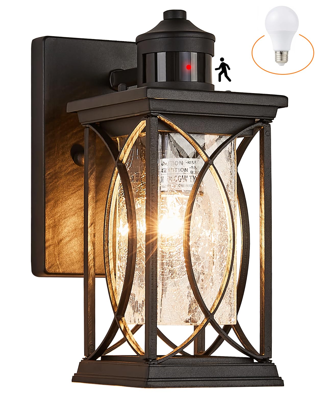 Delicavy Motion Sensor Outdoor Wall Light, Dimmable, Black,  -Like Glass, Small, Wall Mount, Dusk to Dawn Fixture
